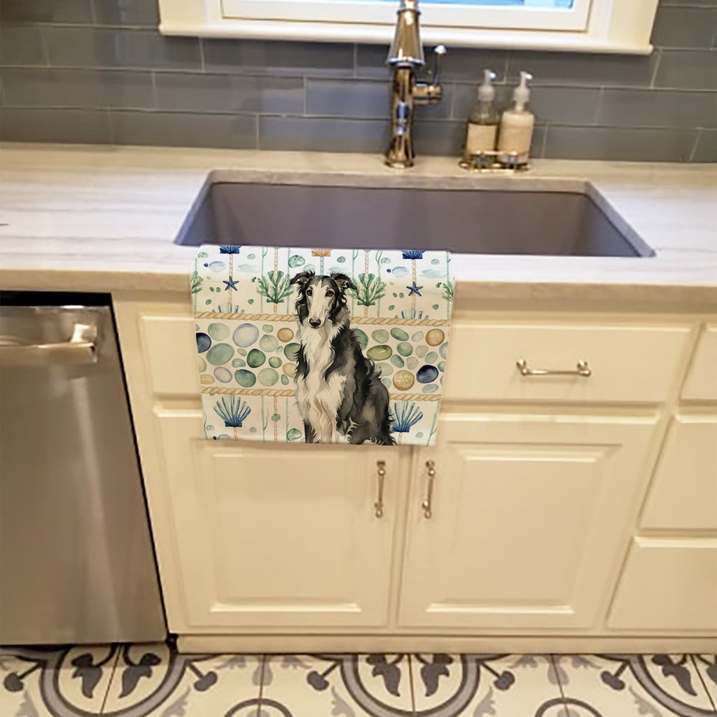Black and White Borzoi Coastal Sea Glass Kitchen Towel Velour Plush Front and Cotton Loop Back Machine Washable