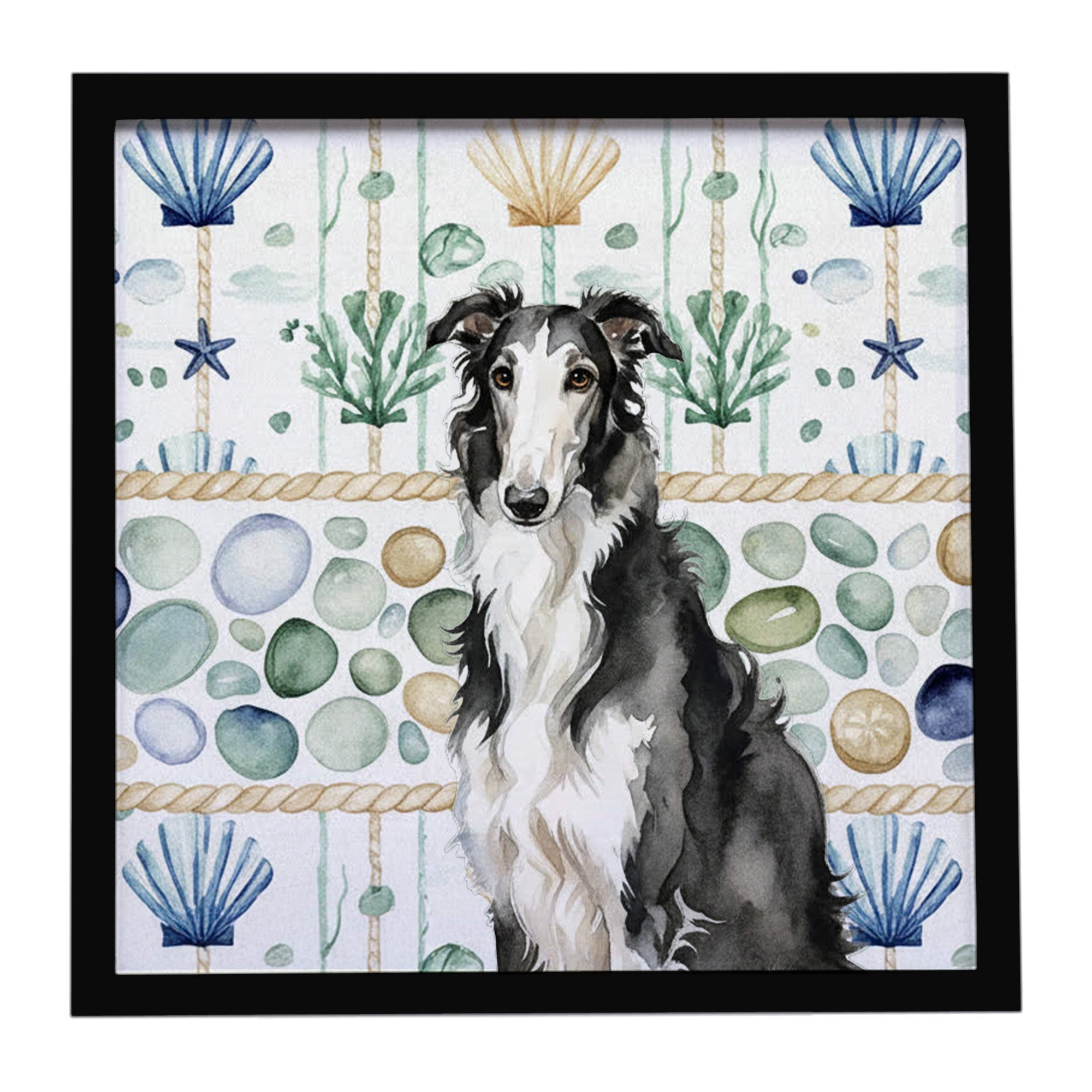 Black and White Borzoi Coastal Sea Glass Framed Metal Print Bathroom, Kitchen, Office, Home Decor Wall Art Ready to Hang, Square, 8X8