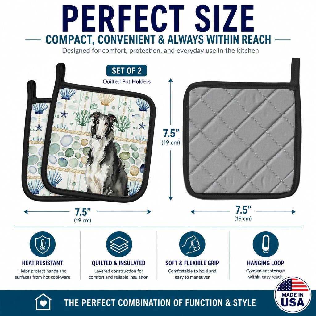 Black and White Borzoi Coastal Sea Glass Pot Holder Set of 2 Heat Resistant Quilted Hot Pads 7.5 x 7.5 Inch, Insulated Kitchen Trivets for Cooking & Baking