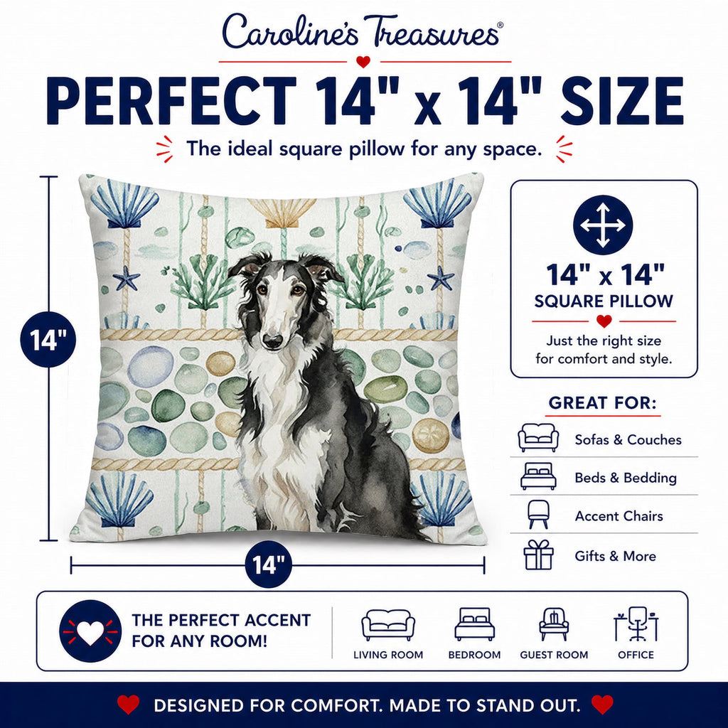 Black and White Borzoi Coastal Sea Glass Decorative Throw Pillow 14x14 Indoor Outdoor Accent Cushion, Fabric Cover with Insert for Sofa, Bed, Porch & Living Room