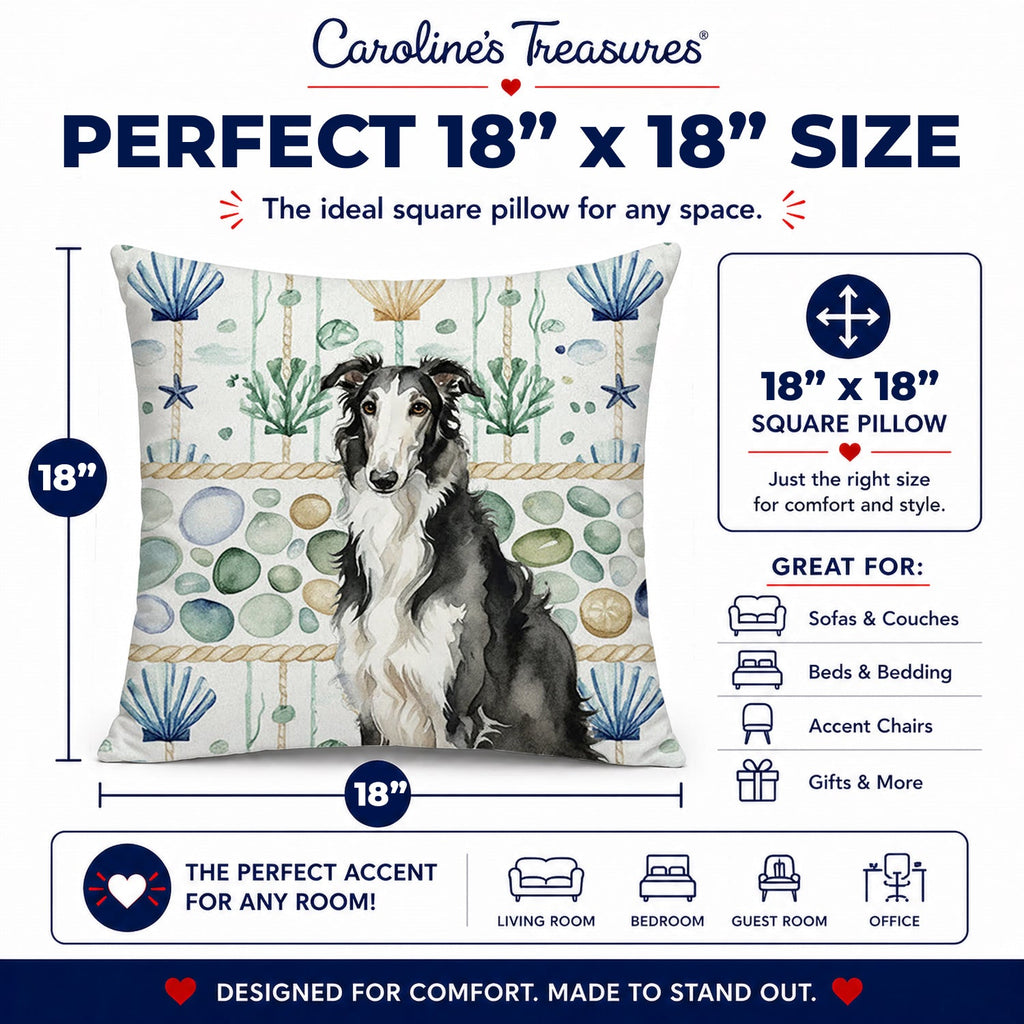 Black and White Borzoi Coastal Sea Glass Decorative Throw Pillow 18x18 Indoor Outdoor Accent Cushion, Fabric Cover with Insert for Sofa, Bed, Porch & Living Room