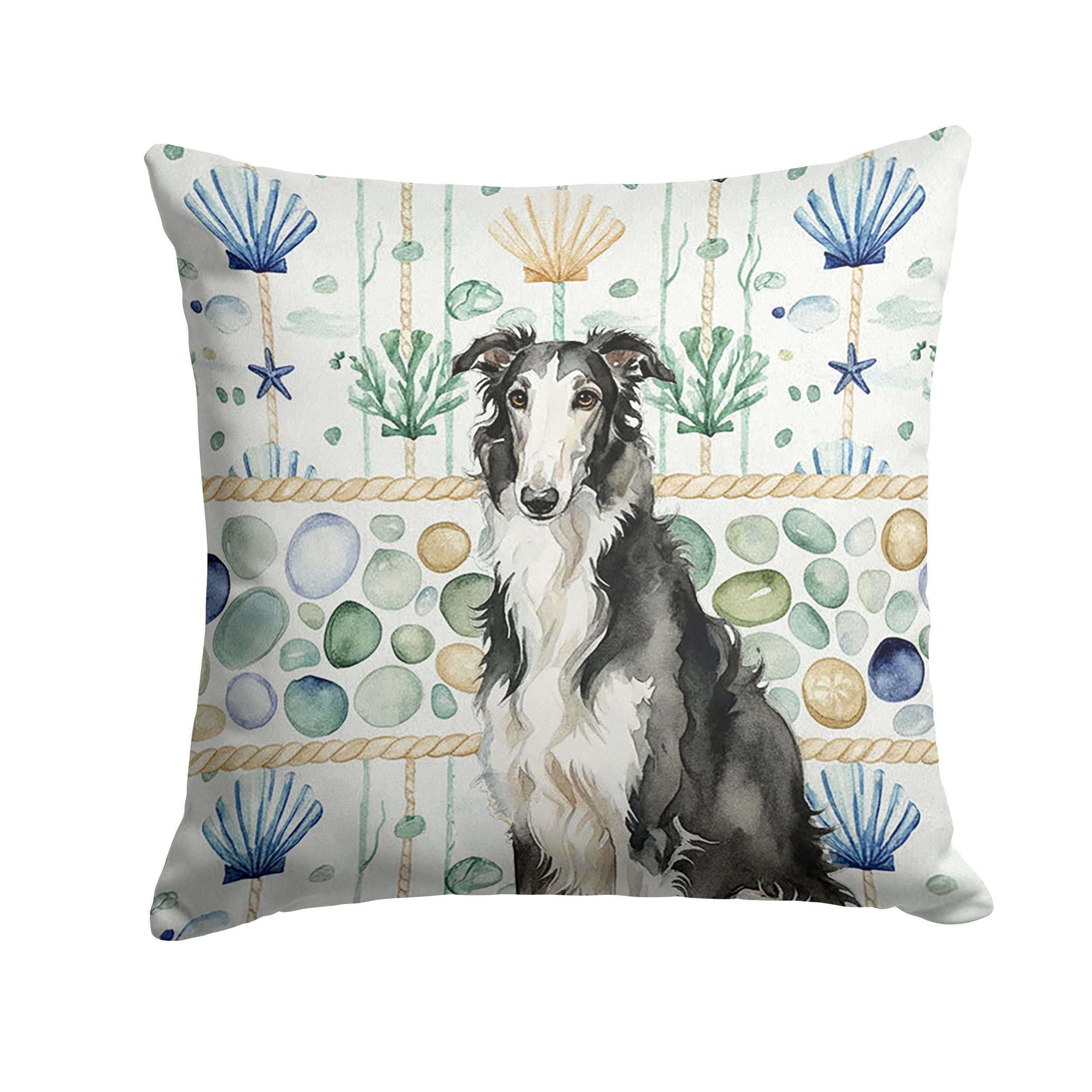 Black and White Borzoi Coastal Sea Glass Decorative Throw Pillow 18x18 Indoor Outdoor Accent Cushion, Fabric Cover with Insert for Sofa, Bed, Porch & Living Room