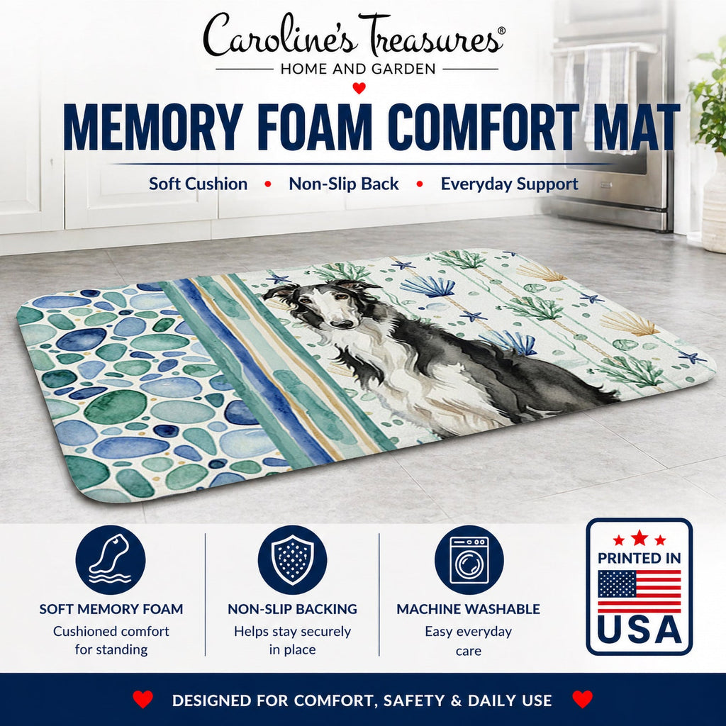Black and White Borzoi Coastal Sea Glass Memory Foam Kitchen Mat Machine Washable Anti-Fatigue Cushion Comfort Bath or Kitchen Rug
