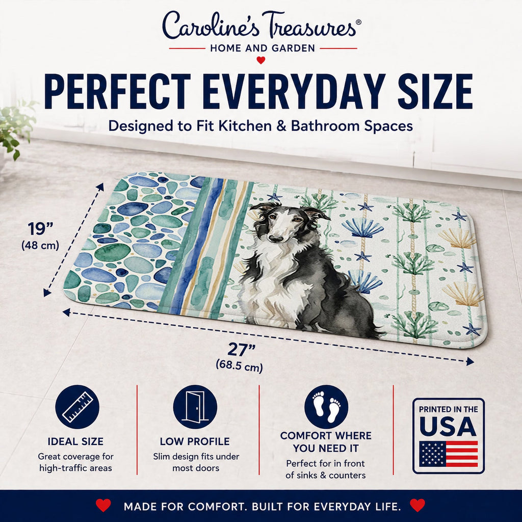 Black and White Borzoi Coastal Sea Glass Memory Foam Kitchen Mat Machine Washable Anti-Fatigue Cushion Comfort Bath or Kitchen Rug