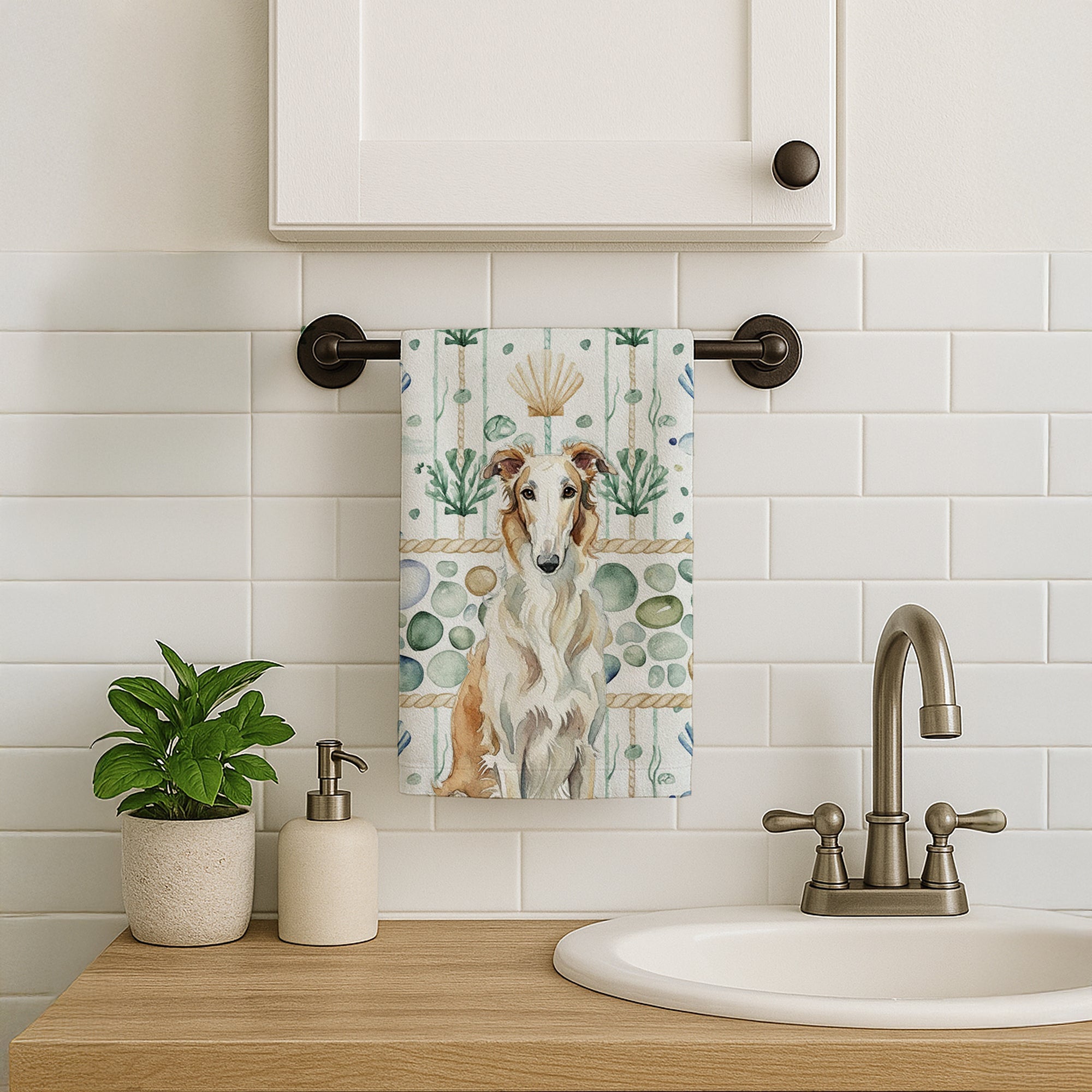 Borzoi Coastal Sea Glass Kitchen Towel Velour Plush Front and Cotton Loop Back Machine Washable