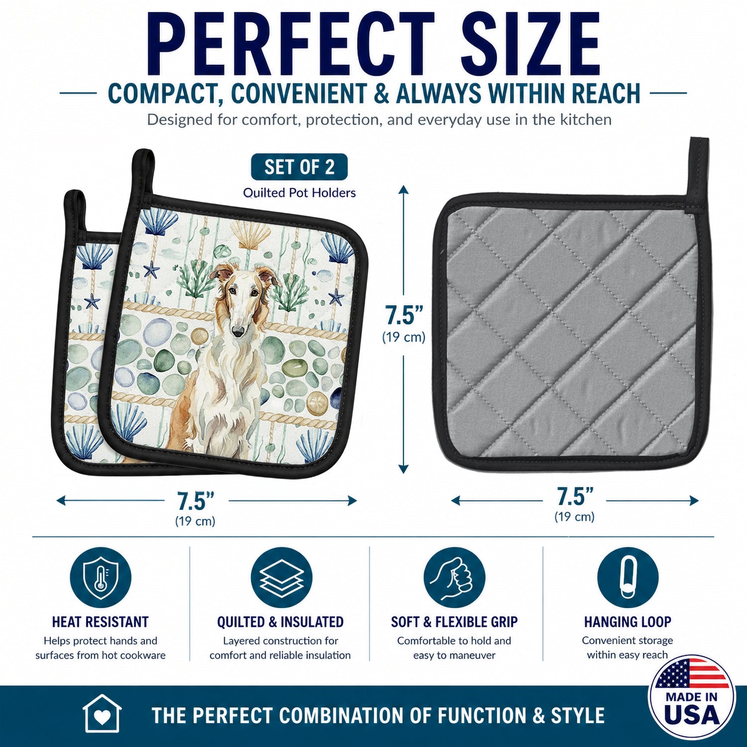 Borzoi Coastal Sea Glass Pot Holder Set of 2 Heat Resistant Quilted Hot Pads 7.5 x 7.5 Inch, Insulated Kitchen Trivets for Cooking & Baking