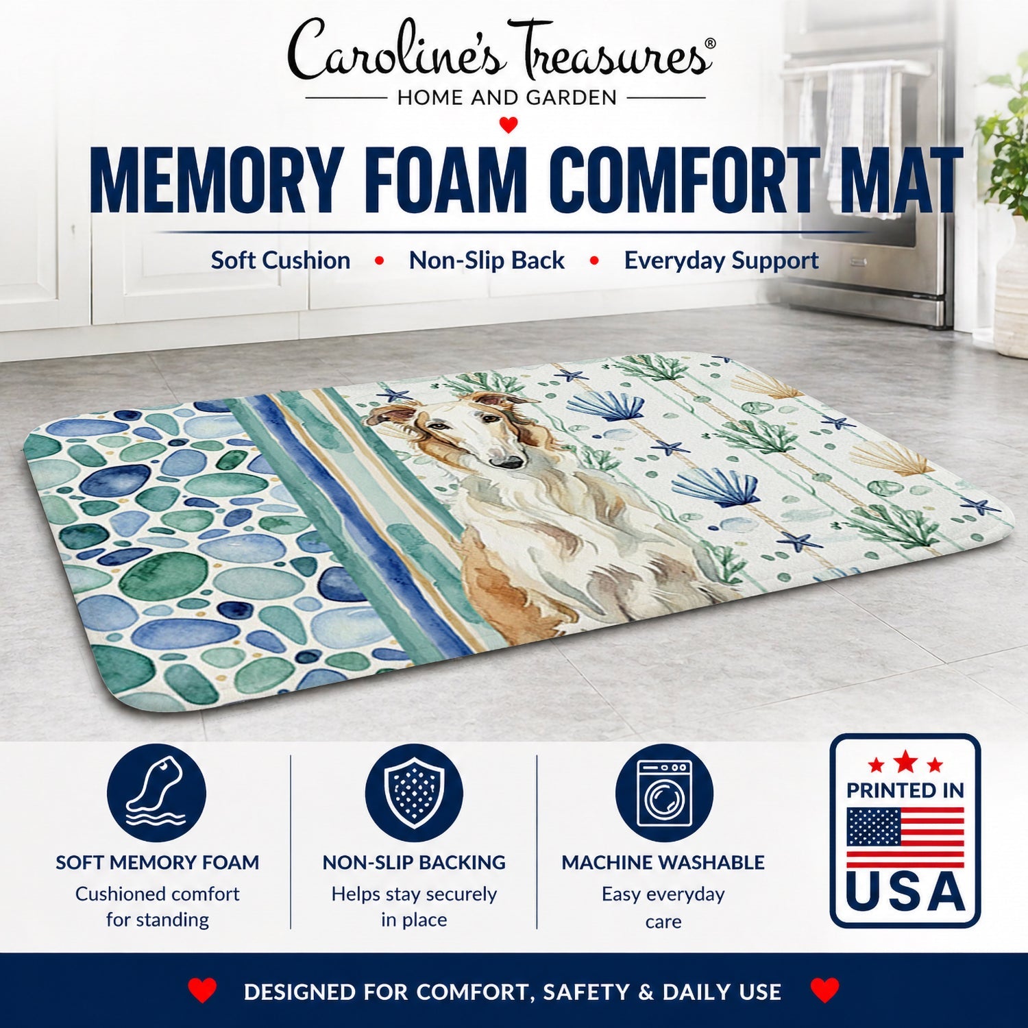 Borzoi Coastal Sea Glass Memory Foam Kitchen Mat Machine Washable Anti-Fatigue Cushion Comfort Bath or Kitchen Rug