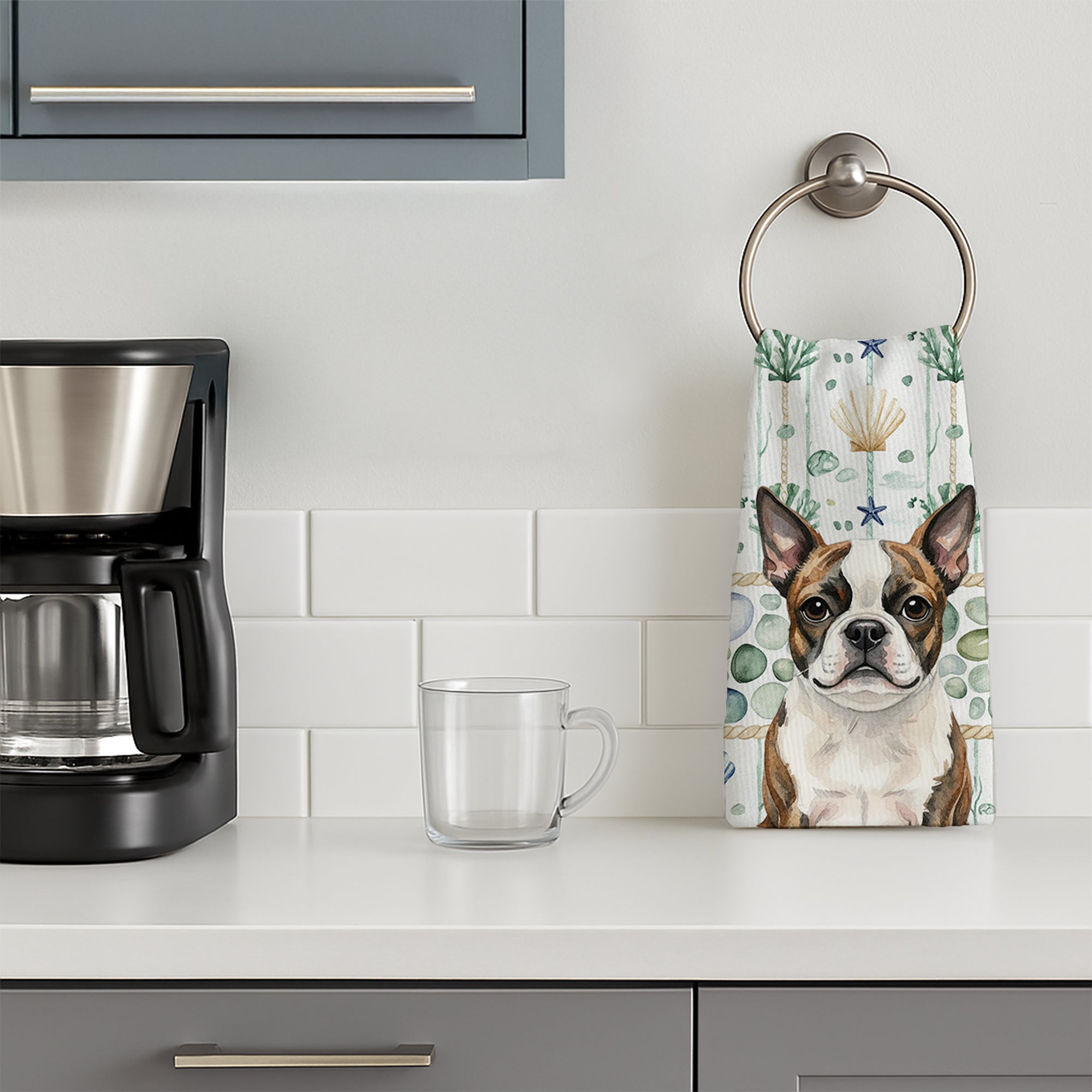 Brindle Boston Terrier Coastal Sea Glass Kitchen Towel Velour Plush Front and Cotton Loop Back Machine Washable