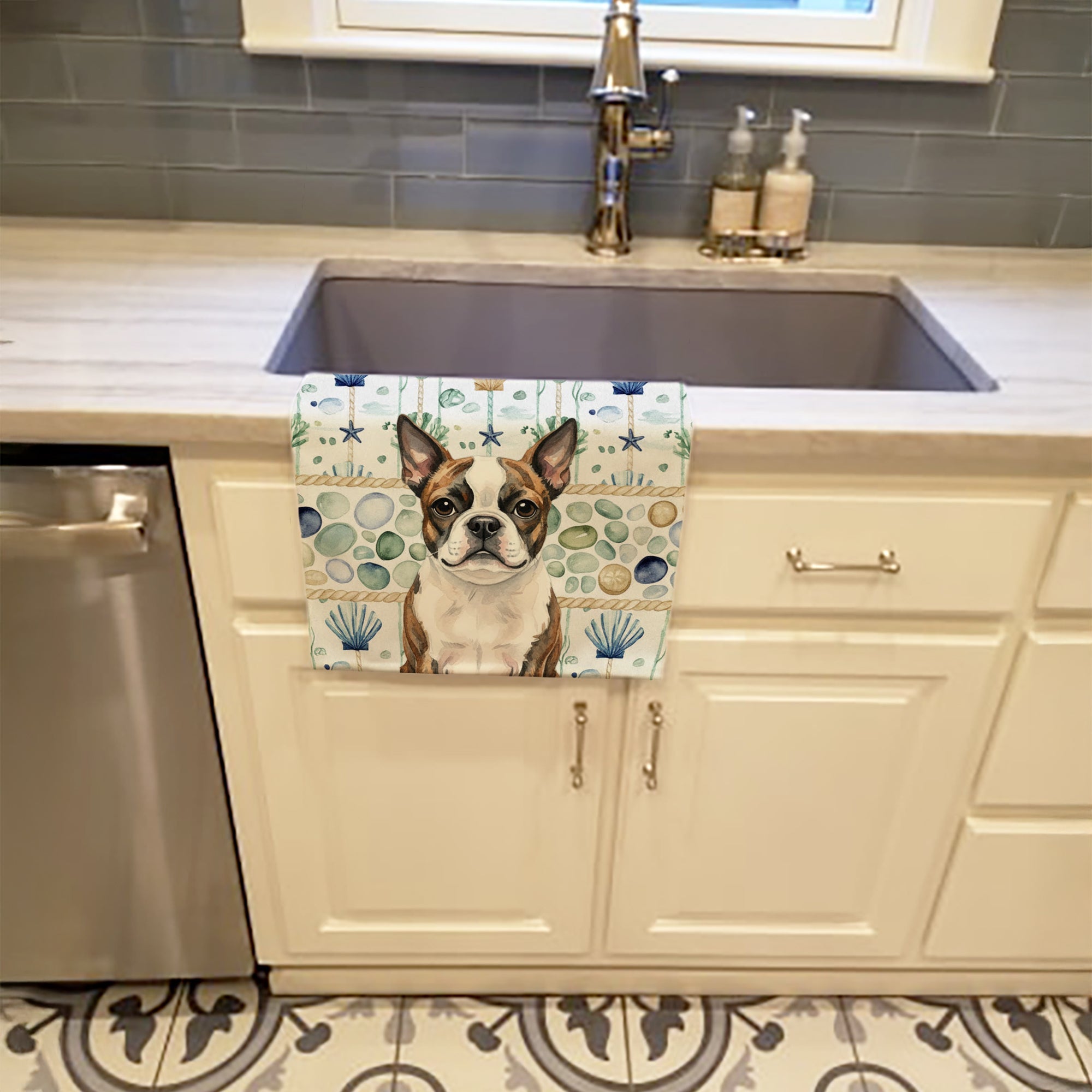 Brindle Boston Terrier Coastal Sea Glass Kitchen Towel Velour Plush Front and Cotton Loop Back Machine Washable