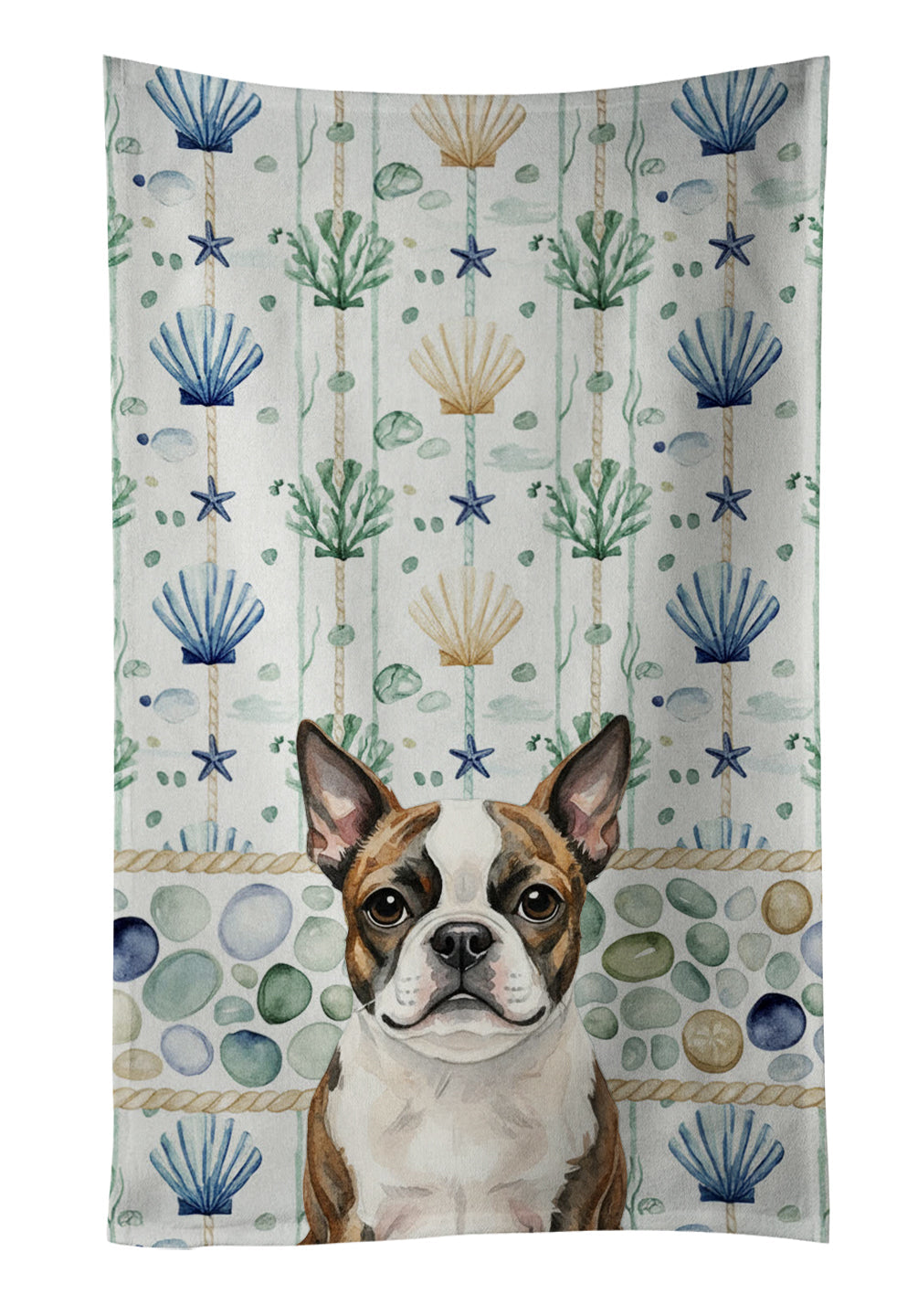 Brindle Boston Terrier Coastal Sea Glass Kitchen Towel Velour Plush Front and Cotton Loop Back Machine Washable