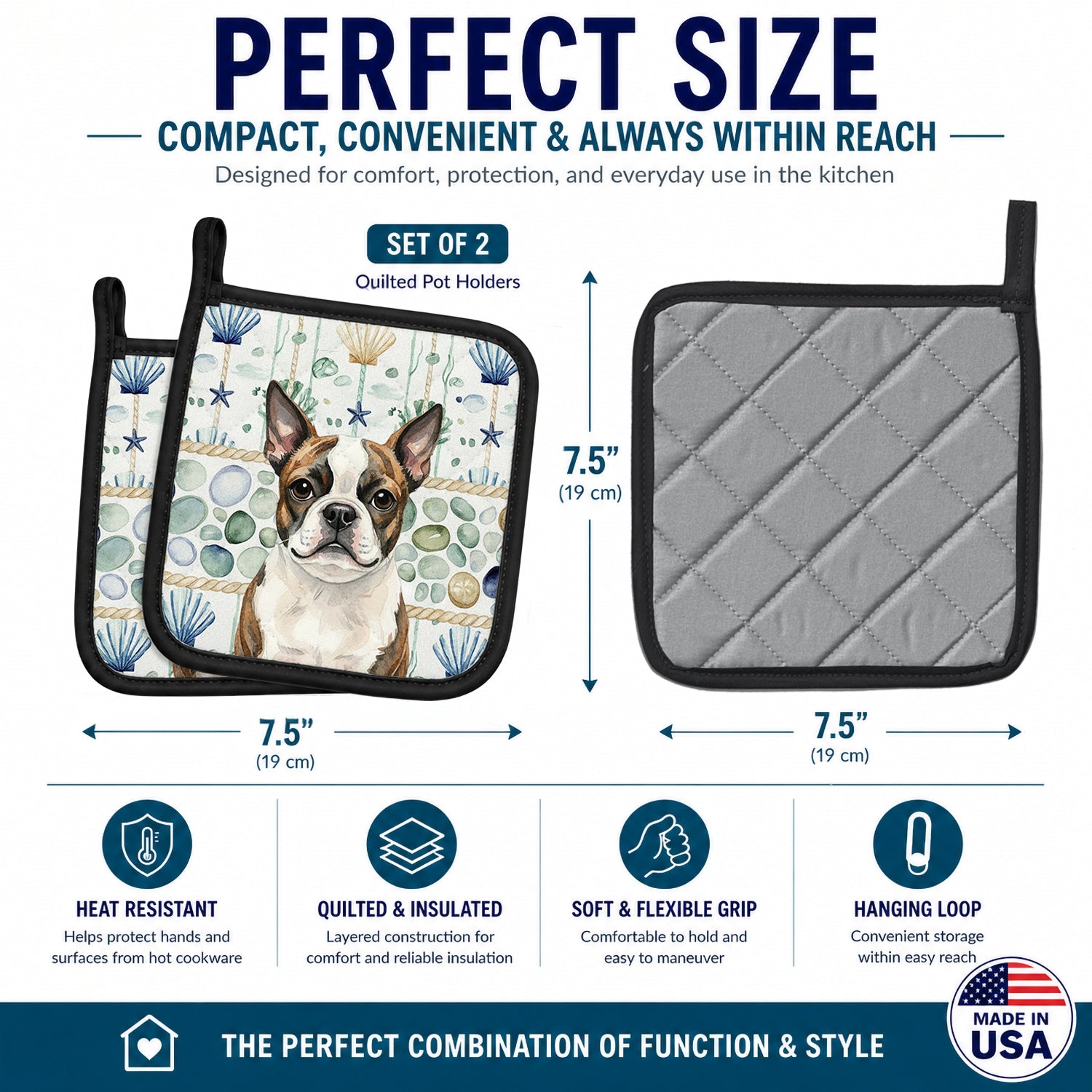 Brindle Boston Terrier Coastal Sea Glass Pot Holder Set of 2 Heat Resistant Quilted Hot Pads 7.5 x 7.5 Inch, Insulated Kitchen Trivets for Cooking & Baking
