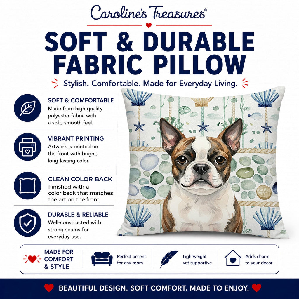 Brindle Boston Terrier Coastal Sea Glass Decorative Throw Pillow 18x18 Indoor Outdoor Accent Cushion, Fabric Cover with Insert for Sofa, Bed, Porch & Living Room