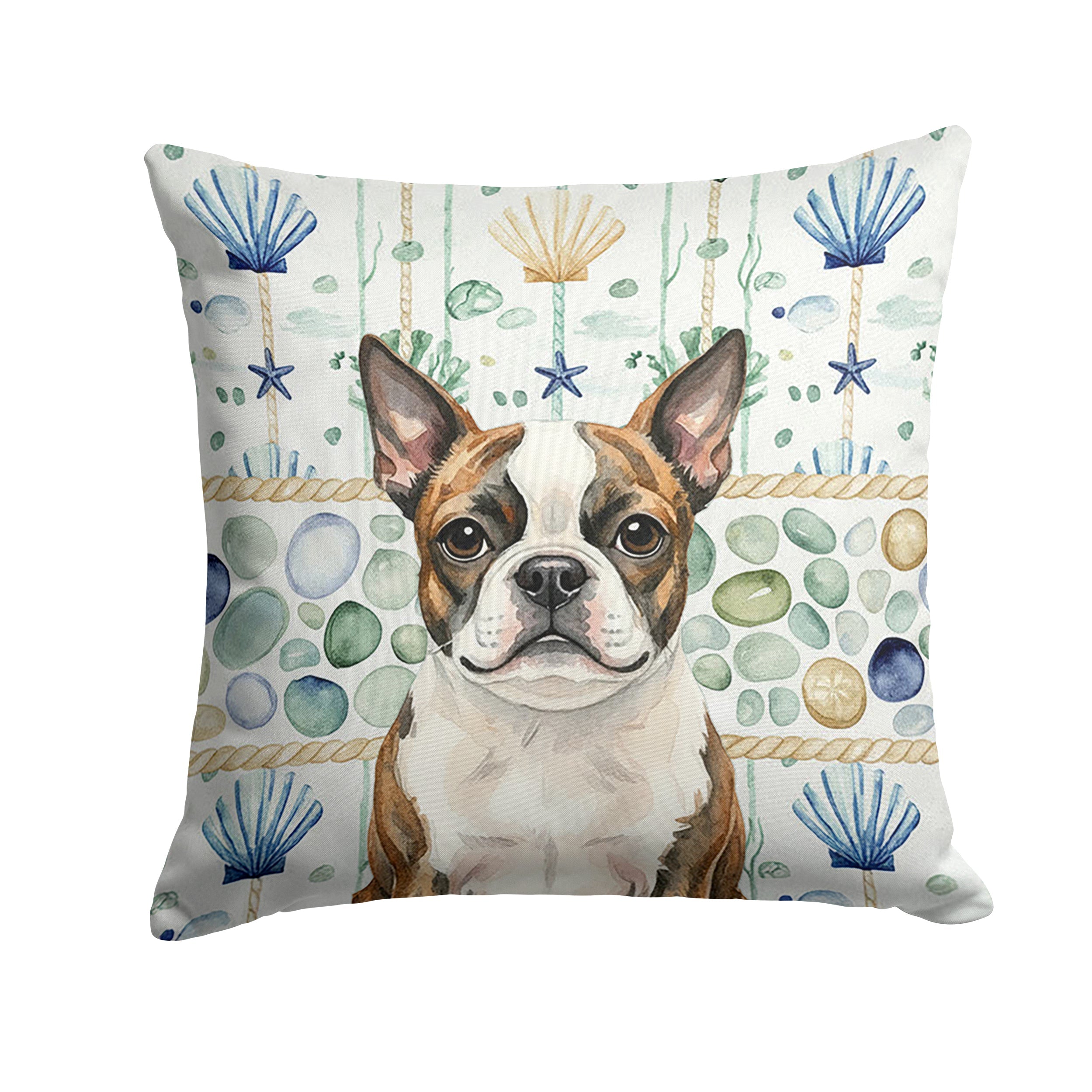 Brindle Boston Terrier Coastal Sea Glass Decorative Throw Pillow 18x18 Indoor Outdoor Accent Cushion, Fabric Cover with Insert for Sofa, Bed, Porch & Living Room