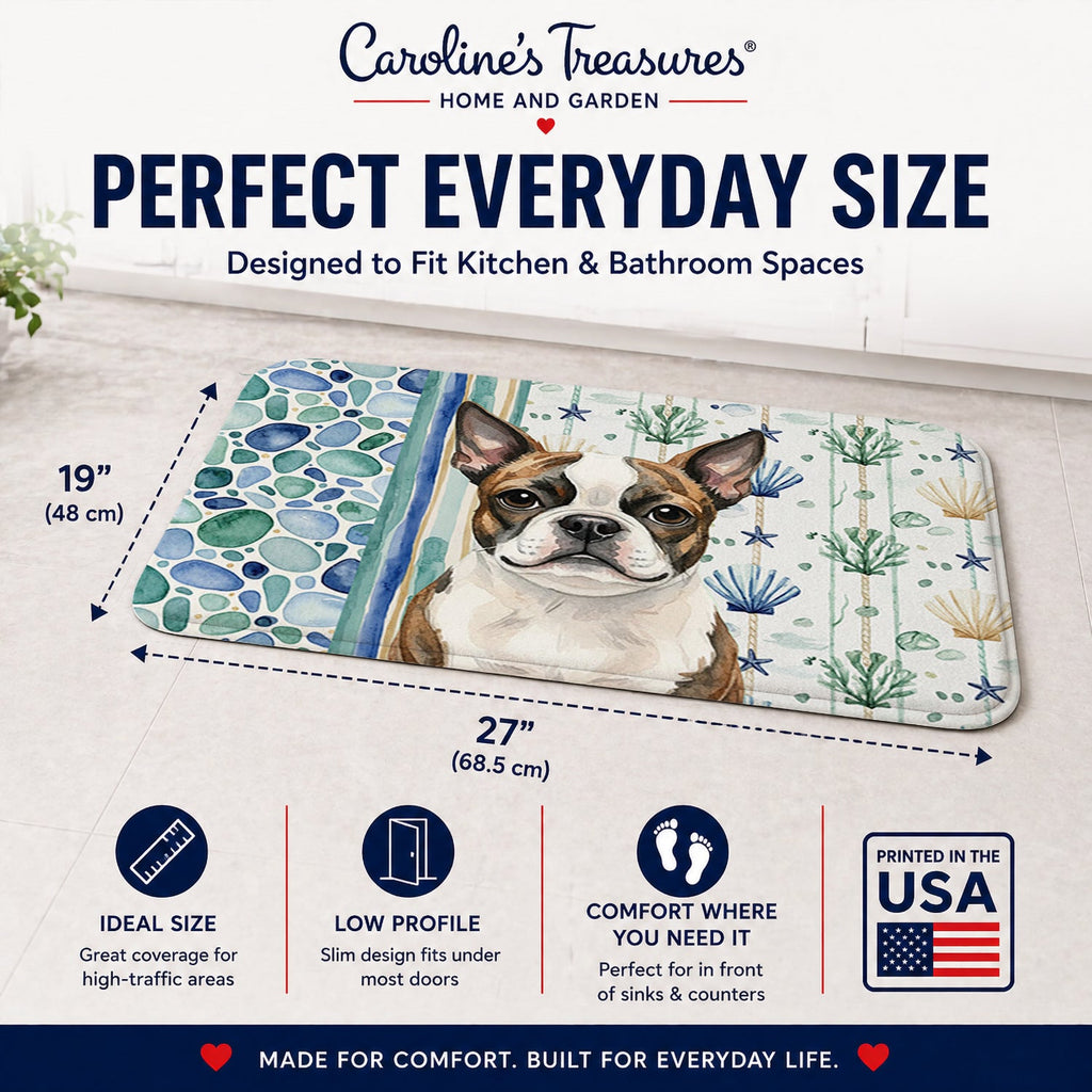 Brindle Boston Terrier Coastal Sea Glass Memory Foam Kitchen Mat Machine Washable Anti-Fatigue Cushion Comfort Bath or Kitchen Rug