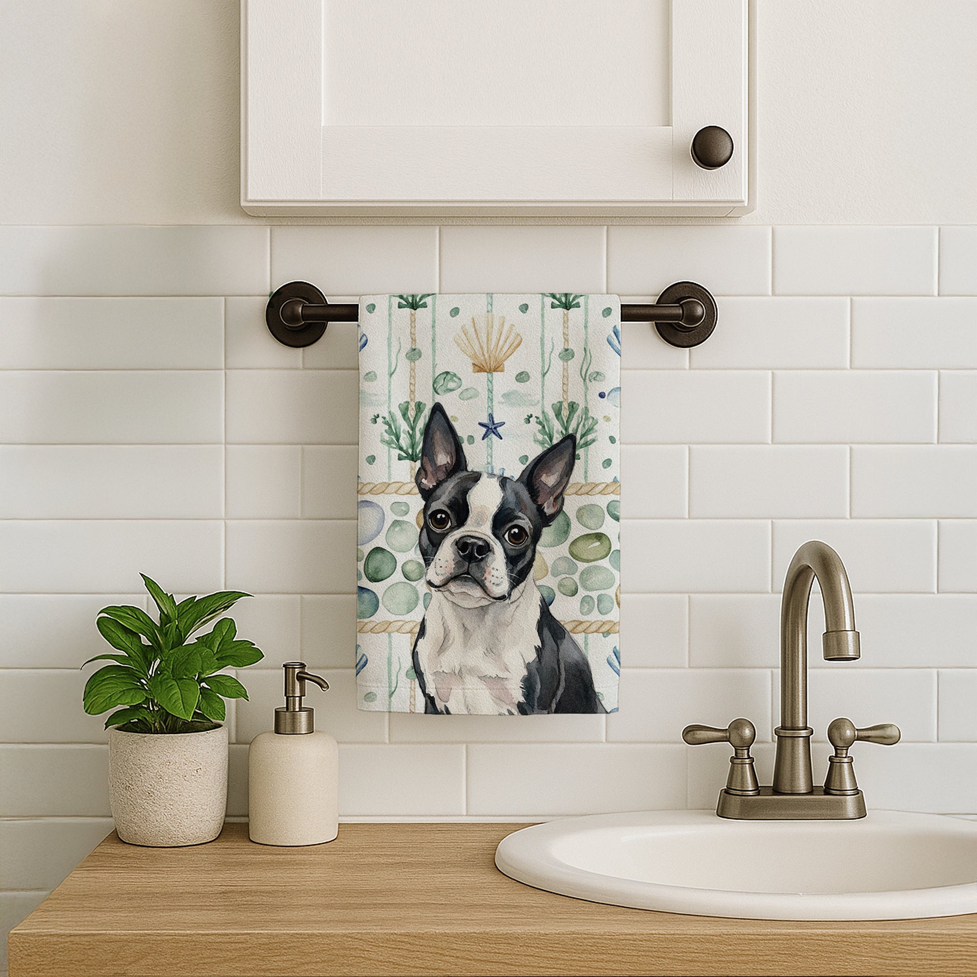 Boston Terrier Coastal Sea Glass Kitchen Towel Velour Plush Front and Cotton Loop Back Machine Washable