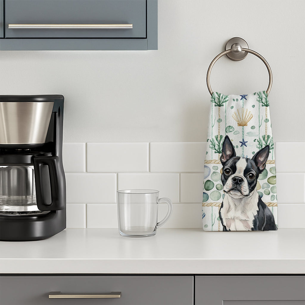 Boston Terrier Coastal Sea Glass Kitchen Towel Velour Plush Front and Cotton Loop Back Machine Washable