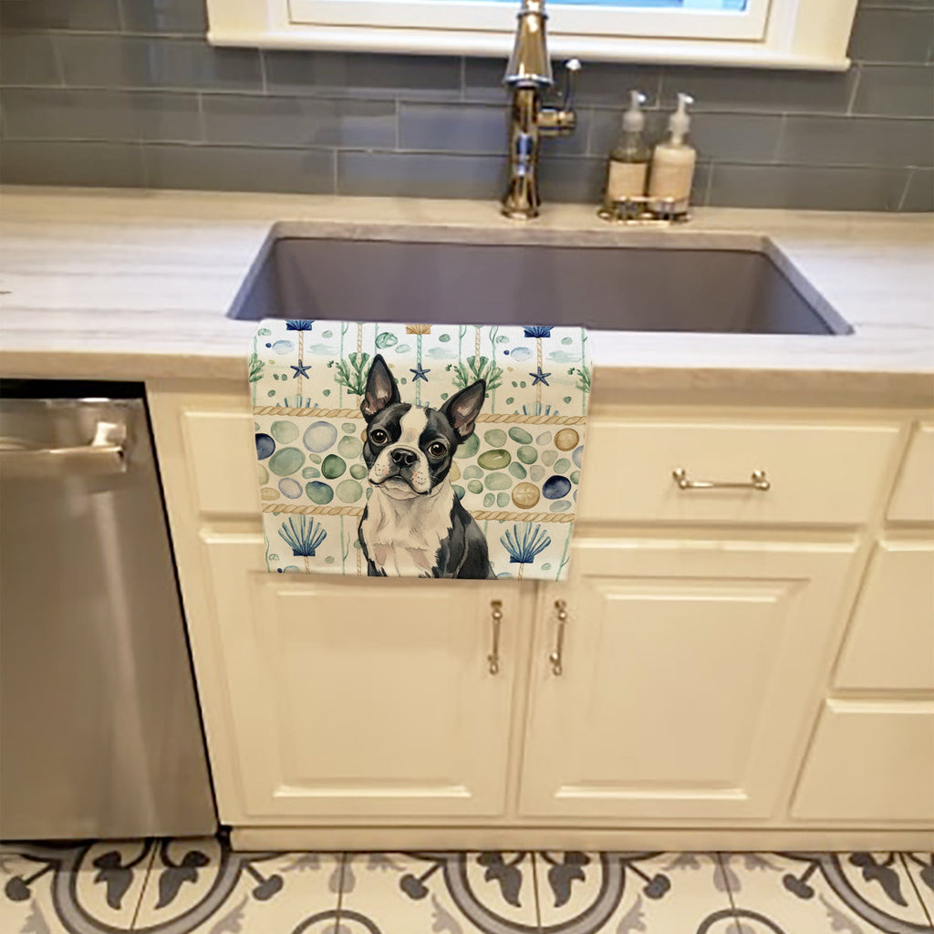 Boston Terrier Coastal Sea Glass Kitchen Towel Velour Plush Front and Cotton Loop Back Machine Washable