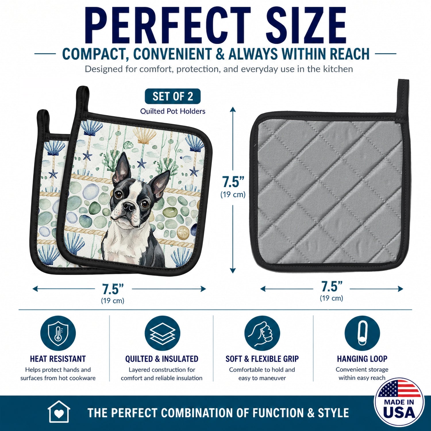 Boston Terrier Coastal Sea Glass Pot Holder Set of 2 Heat Resistant Quilted Hot Pads 7.5 x 7.5 Inch, Insulated Kitchen Trivets for Cooking & Baking