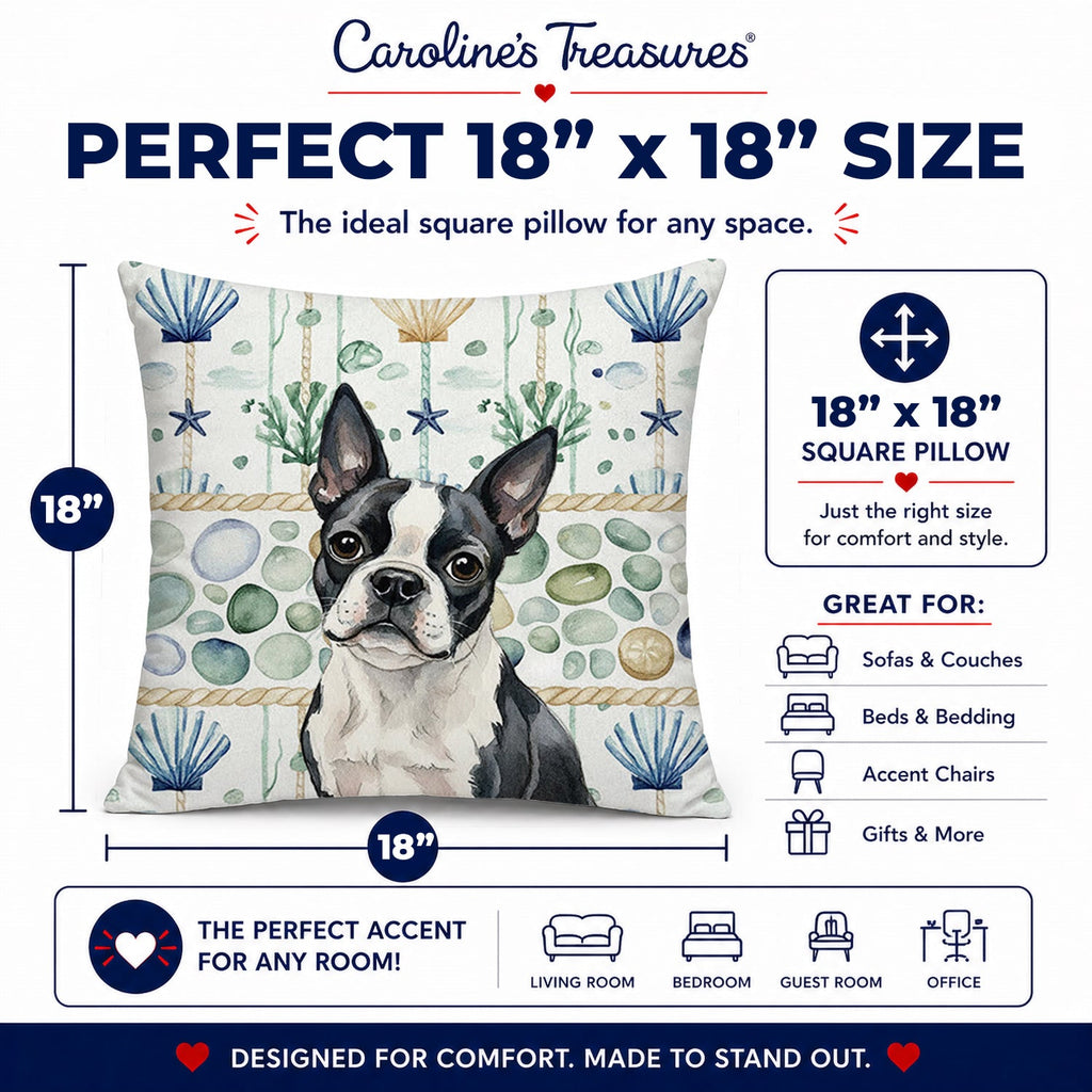 Boston Terrier Coastal Sea Glass Decorative Throw Pillow 18x18 Indoor Outdoor Accent Cushion, Fabric Cover with Insert for Sofa, Bed, Porch & Living Room