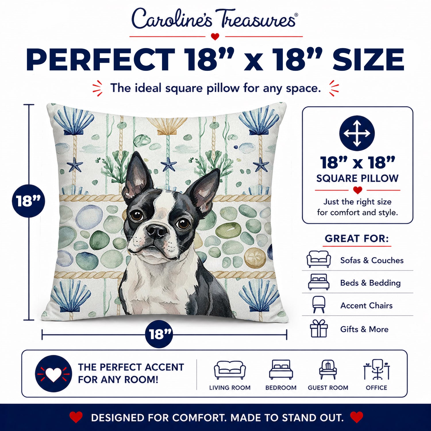 Boston Terrier Coastal Sea Glass Decorative Throw Pillow 18x18 Indoor Outdoor Accent Cushion, Fabric Cover with Insert for Sofa, Bed, Porch & Living Room