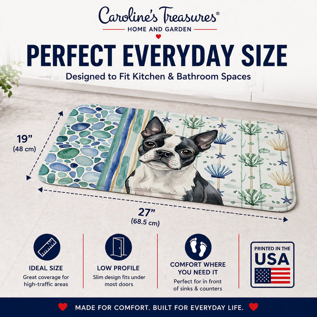 Boston Terrier Coastal Sea Glass Memory Foam Kitchen Mat Machine Washable Anti-Fatigue Cushion Comfort Bath or Kitchen Rug