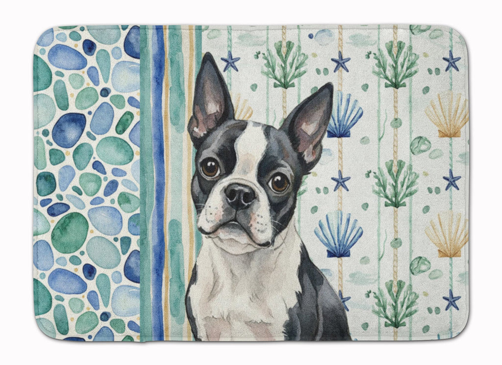 Boston Terrier Coastal Sea Glass Memory Foam Kitchen Mat Machine Washable Anti-Fatigue Cushion Comfort Bath or Kitchen Rug
