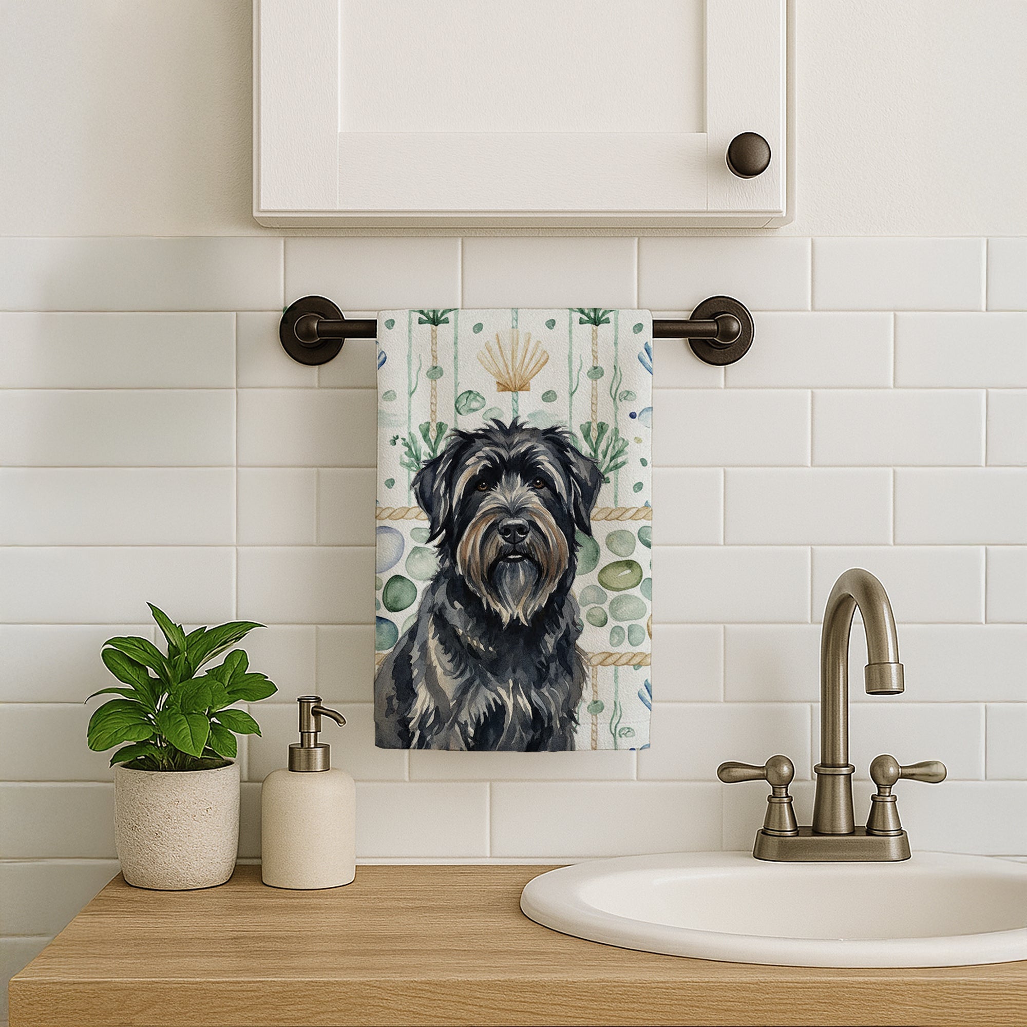 Bouvier des Flandres Coastal Sea Glass Kitchen Towel Velour Plush Front and Cotton Loop Back Machine Washable