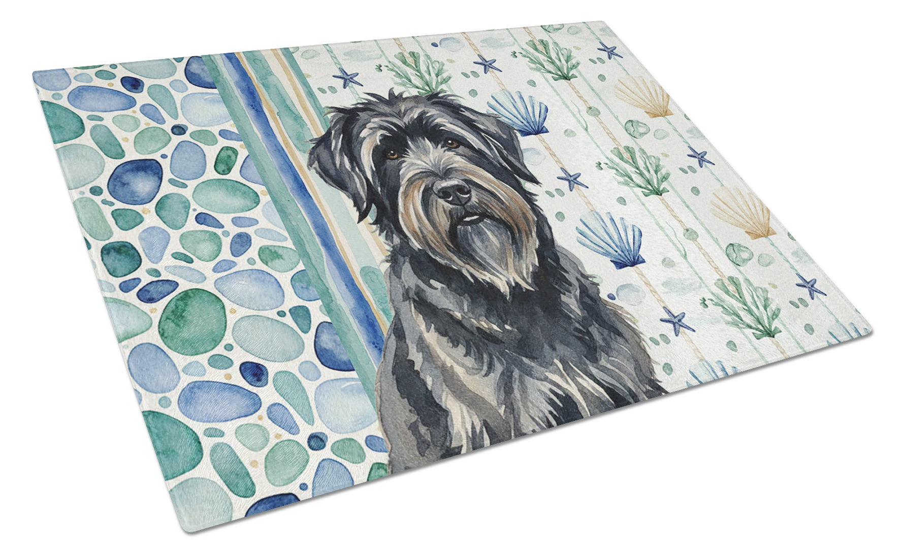 Bouvier des Flandres Coastal Sea Glass Cutting Board Tempered Glass Kitchen Cutting Surface, Heat Resistant Chopping, Non-Slip Feet, Food Prep & Serving
