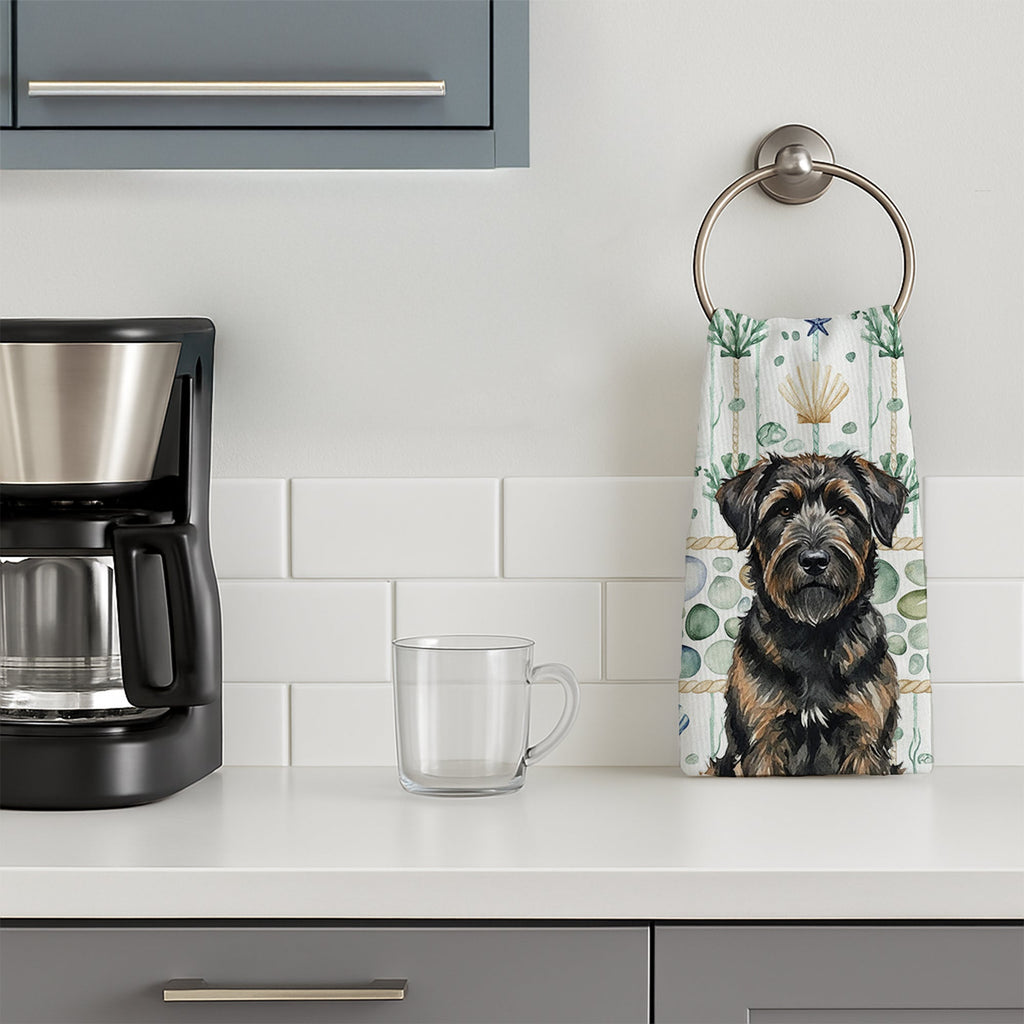 Brindle Bouvier des Flandres Coastal Sea Glass Kitchen Towel Velour Plush Front and Cotton Loop Back Machine Washable