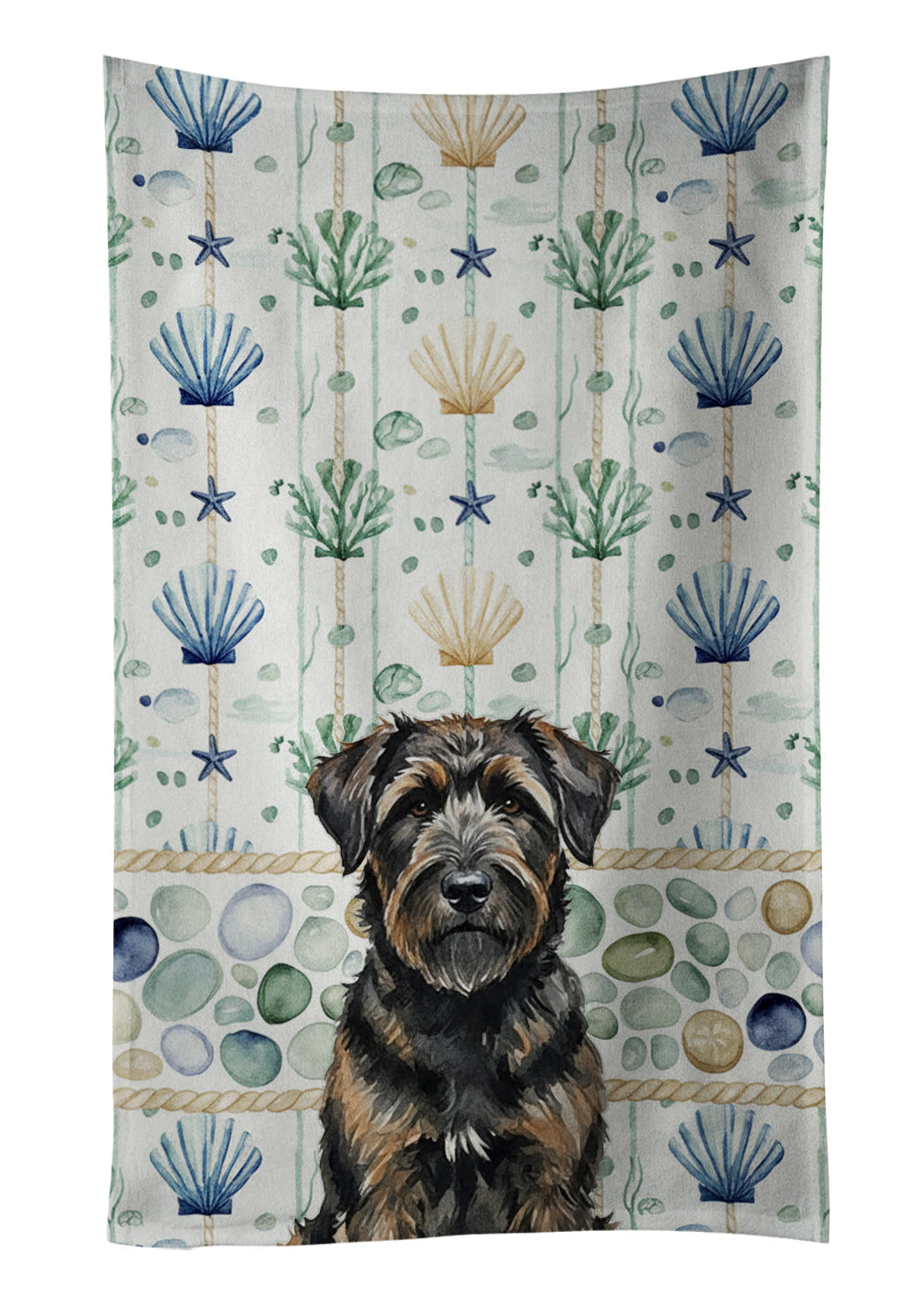 Brindle Bouvier des Flandres Coastal Sea Glass Kitchen Towel Velour Plush Front and Cotton Loop Back Machine Washable