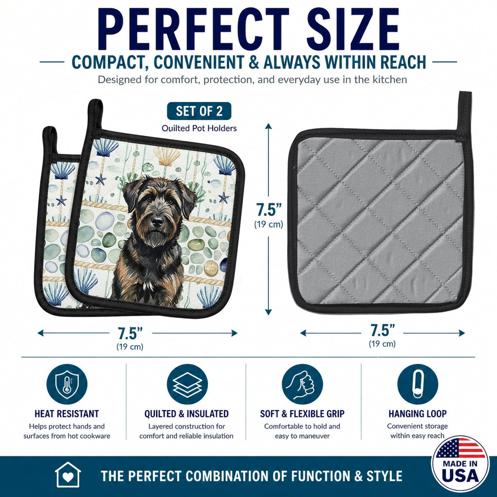 Brindle Bouvier des Flandres Coastal Sea Glass Pot Holder Set of 2 Heat Resistant Quilted Hot Pads 7.5 x 7.5 Inch, Insulated Kitchen Trivets for Cooking & Baking