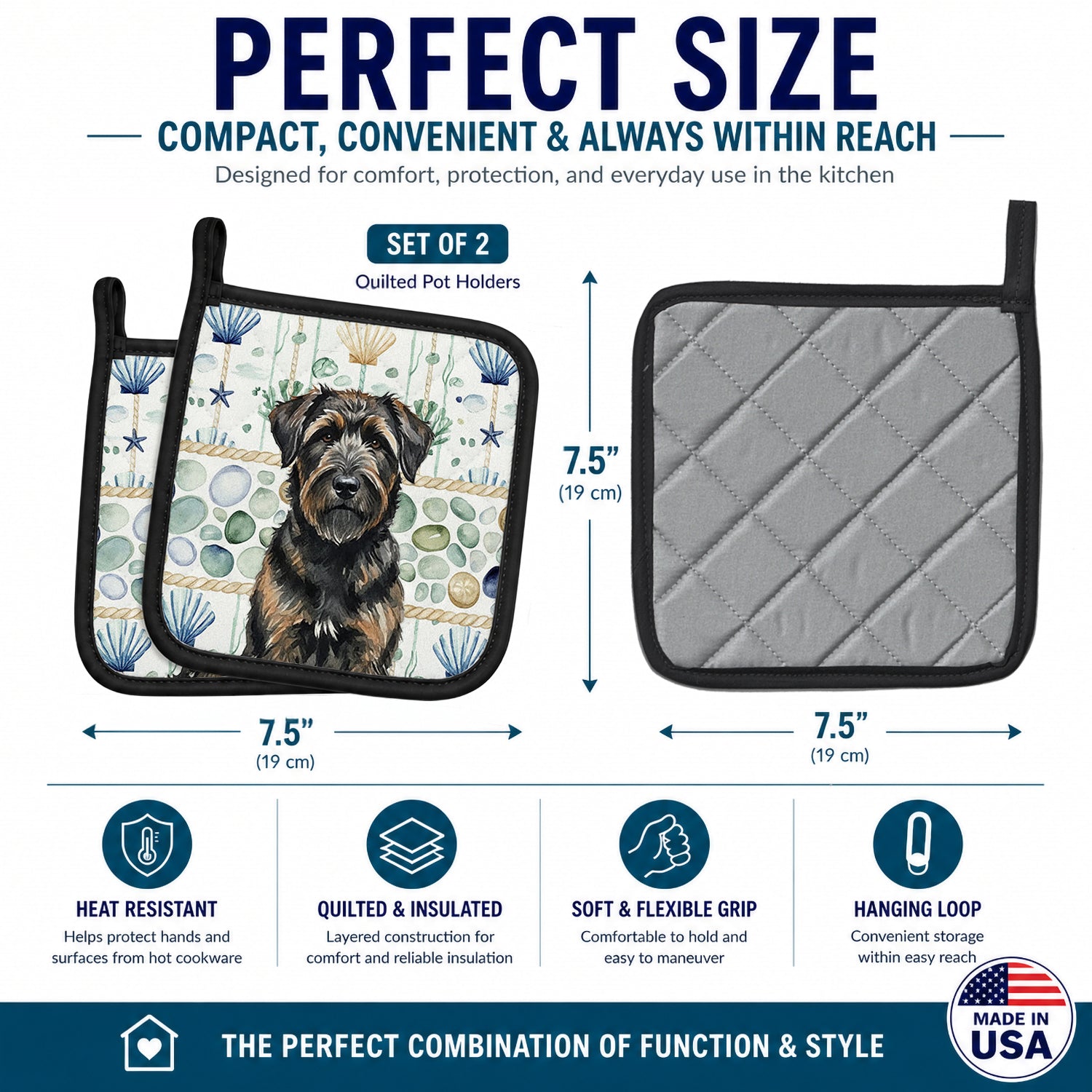 Brindle Bouvier des Flandres Coastal Sea Glass Pot Holder Set of 2 Heat Resistant Quilted Hot Pads 7.5 x 7.5 Inch, Insulated Kitchen Trivets for Cooking & Baking
