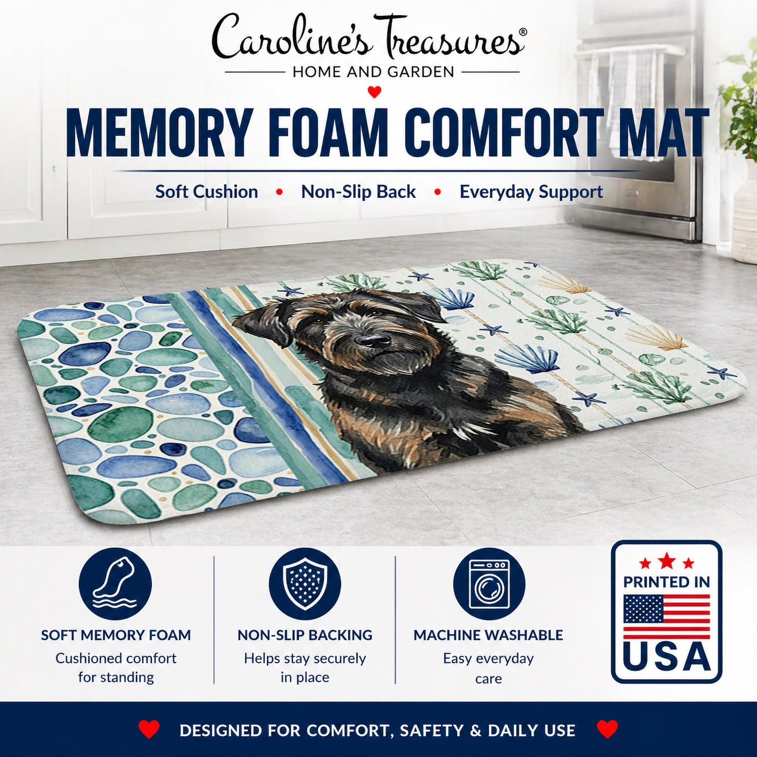 Brindle Bouvier des Flandres Coastal Sea Glass Memory Foam Kitchen Mat Machine Washable Anti-Fatigue Cushion Comfort Bath or Kitchen Rug