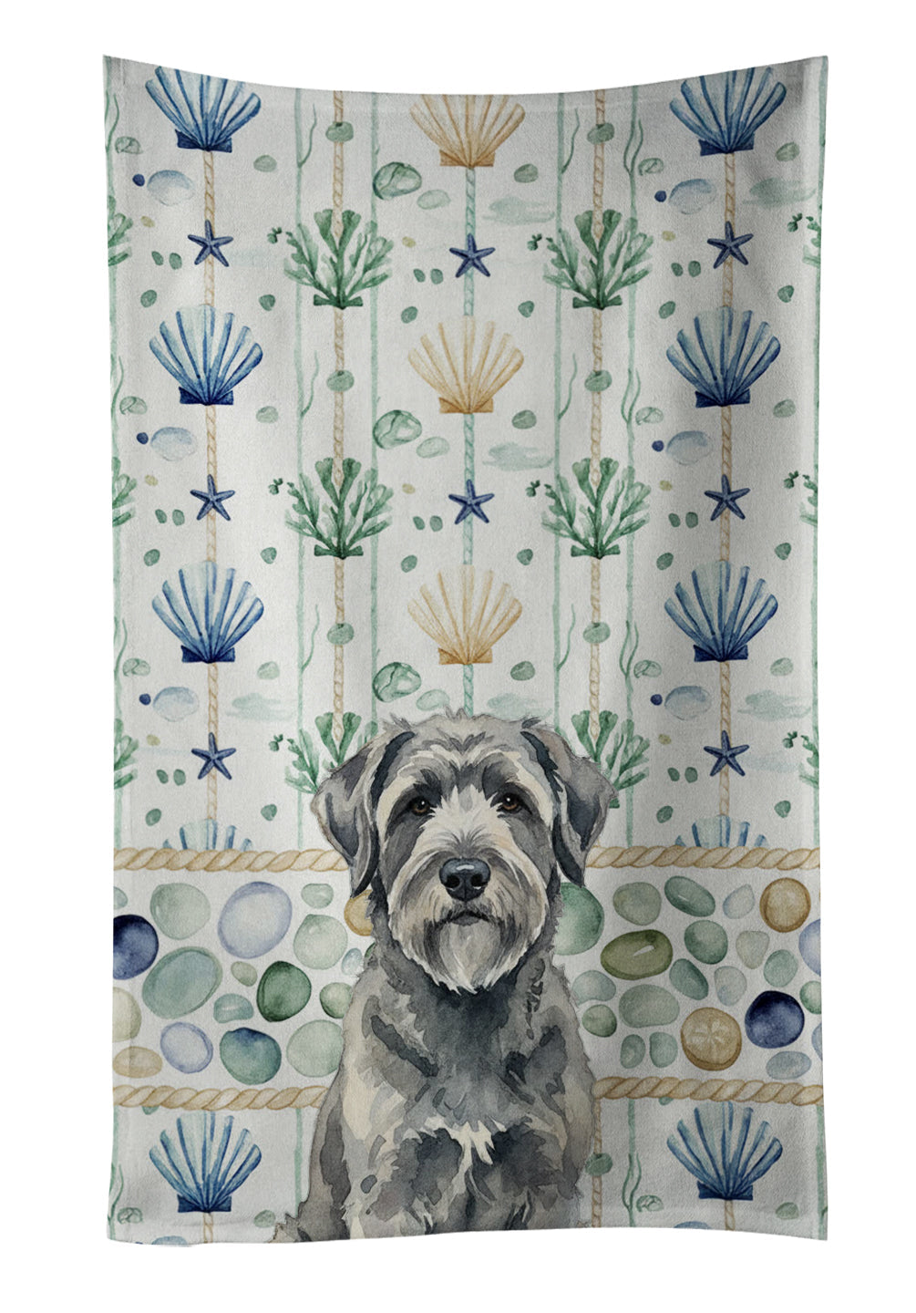 Gray Bouvier des Flandres Coastal Sea Glass Kitchen Towel Velour Plush Front and Cotton Loop Back Machine Washable