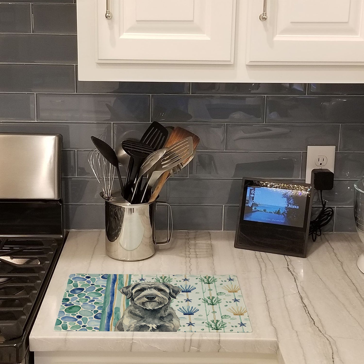 Gray Bouvier des Flandres Coastal Sea Glass Cutting Board Tempered Glass Kitchen Cutting Surface, Heat Resistant Chopping, Non-Slip Feet, Food Prep & Serving