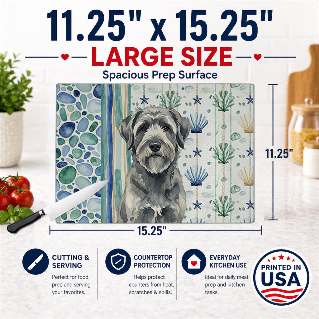 Gray Bouvier des Flandres Coastal Sea Glass Cutting Board Tempered Glass Kitchen Cutting Surface, Heat Resistant Chopping, Non-Slip Feet, Food Prep & Serving