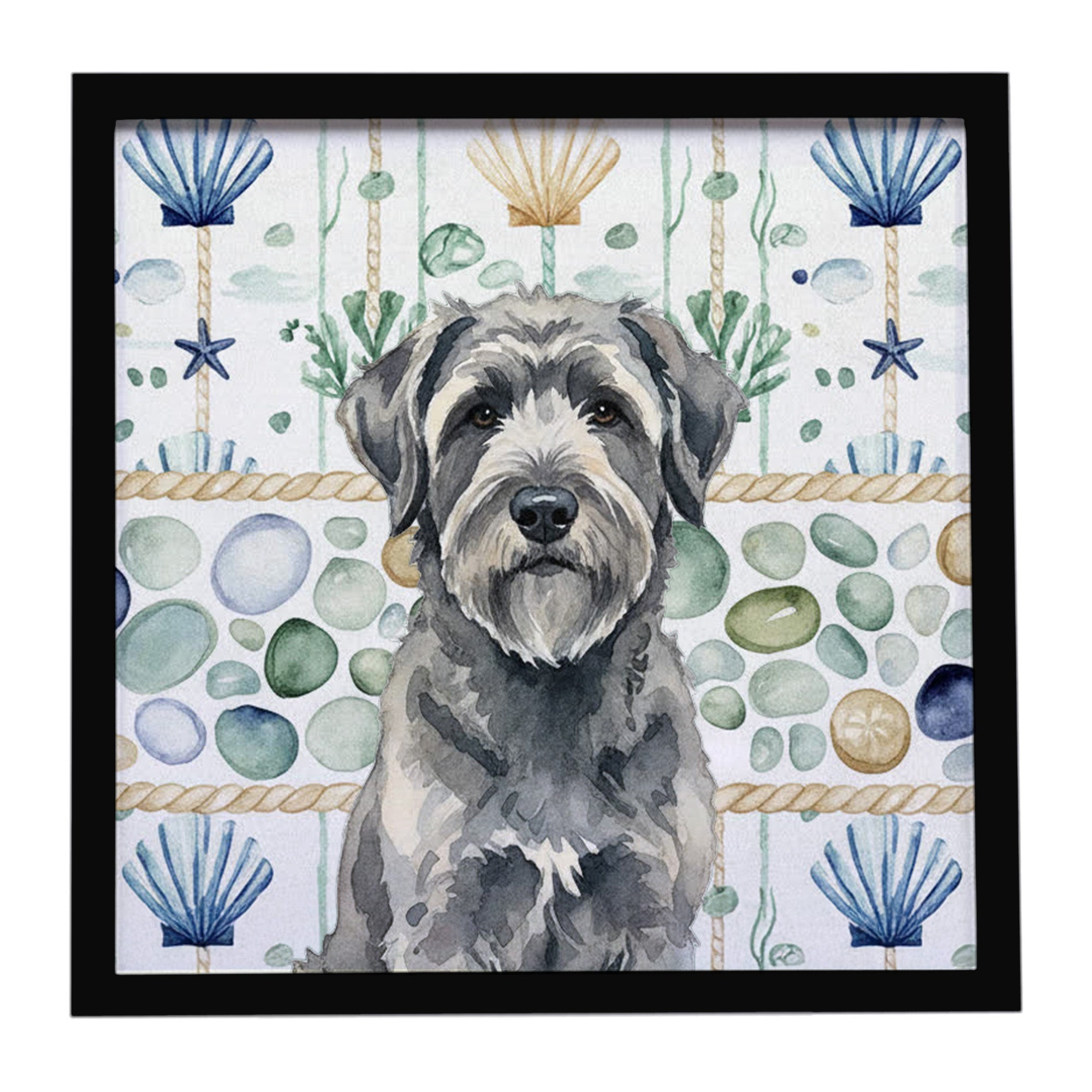 Gray Bouvier des Flandres Coastal Sea Glass Framed Metal Print Bathroom, Kitchen, Office, Home Decor Wall Art Ready to Hang, Square, 8X8