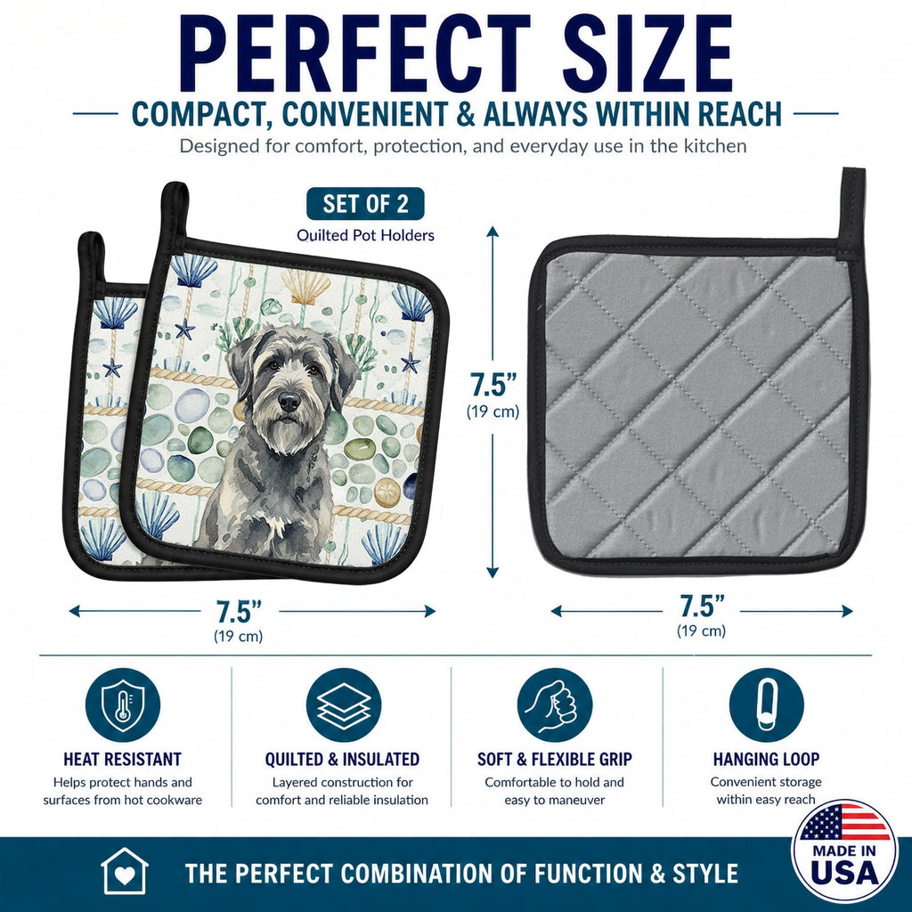 Gray Bouvier des Flandres Coastal Sea Glass Pot Holder Set of 2 Heat Resistant Quilted Hot Pads 7.5 x 7.5 Inch, Insulated Kitchen Trivets for Cooking & Baking