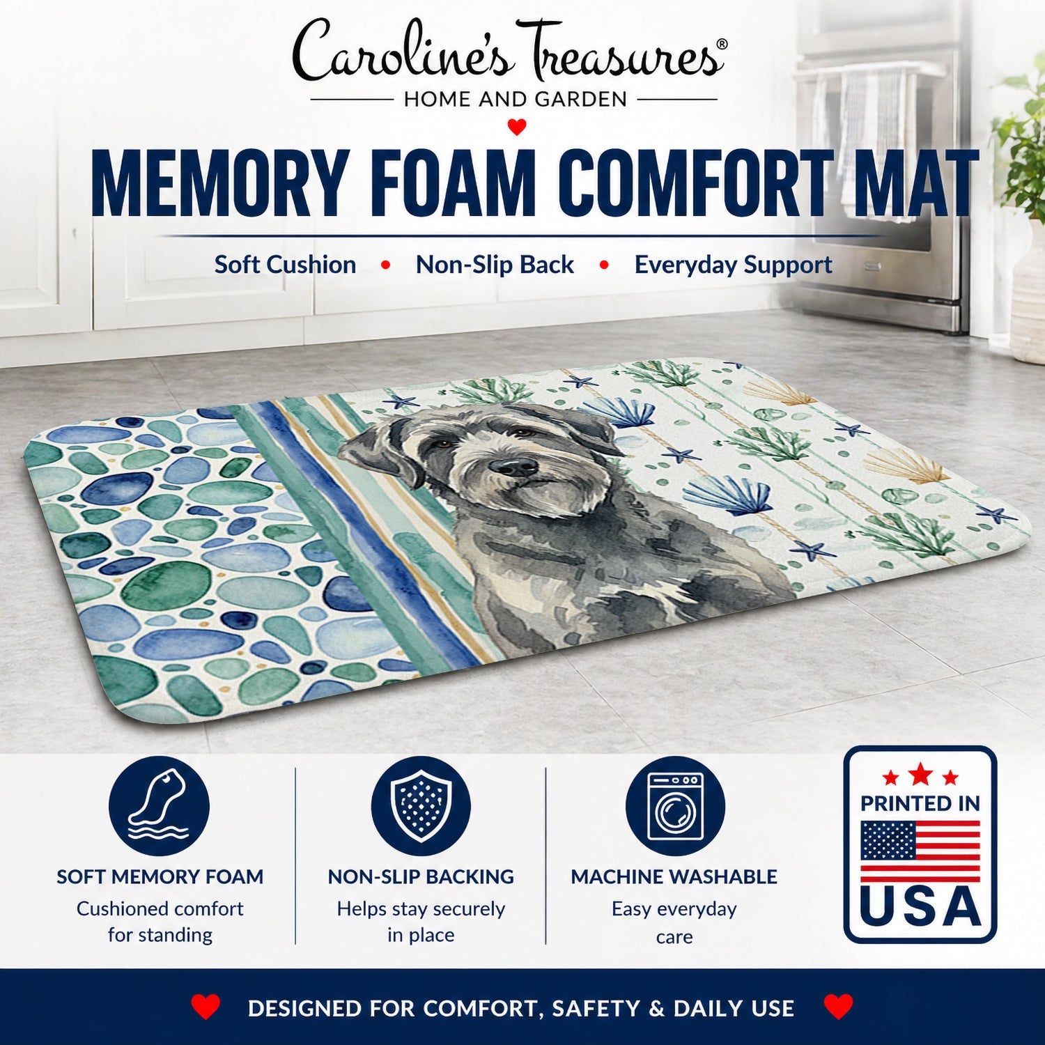 Gray Bouvier des Flandres Coastal Sea Glass Memory Foam Kitchen Mat Machine Washable Anti-Fatigue Cushion Comfort Bath or Kitchen Rug