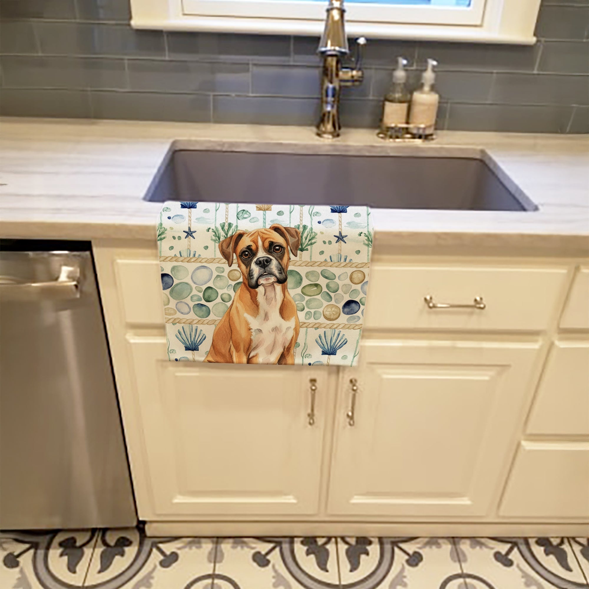 Boxer Coastal Sea Glass Kitchen Towel Velour Plush Front and Cotton Loop Back Machine Washable