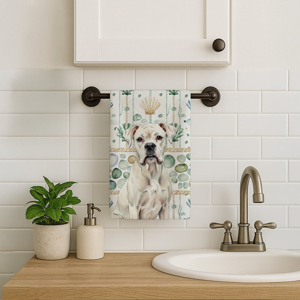 White Boxer Coastal Sea Glass Kitchen Towel Velour Plush Front and Cotton Loop Back Machine Washable