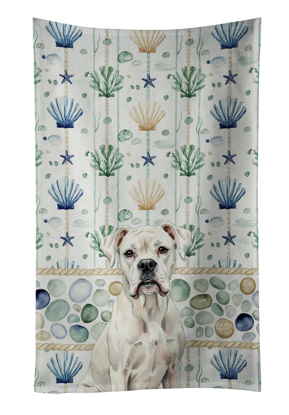 White Boxer Coastal Sea Glass Kitchen Towel Velour Plush Front and Cotton Loop Back Machine Washable