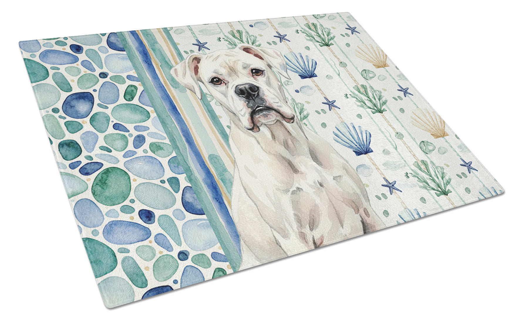 White Boxer Coastal Sea Glass Cutting Board Tempered Glass Kitchen Cutting Surface, Heat Resistant Chopping, Non-Slip Feet, Food Prep & Serving