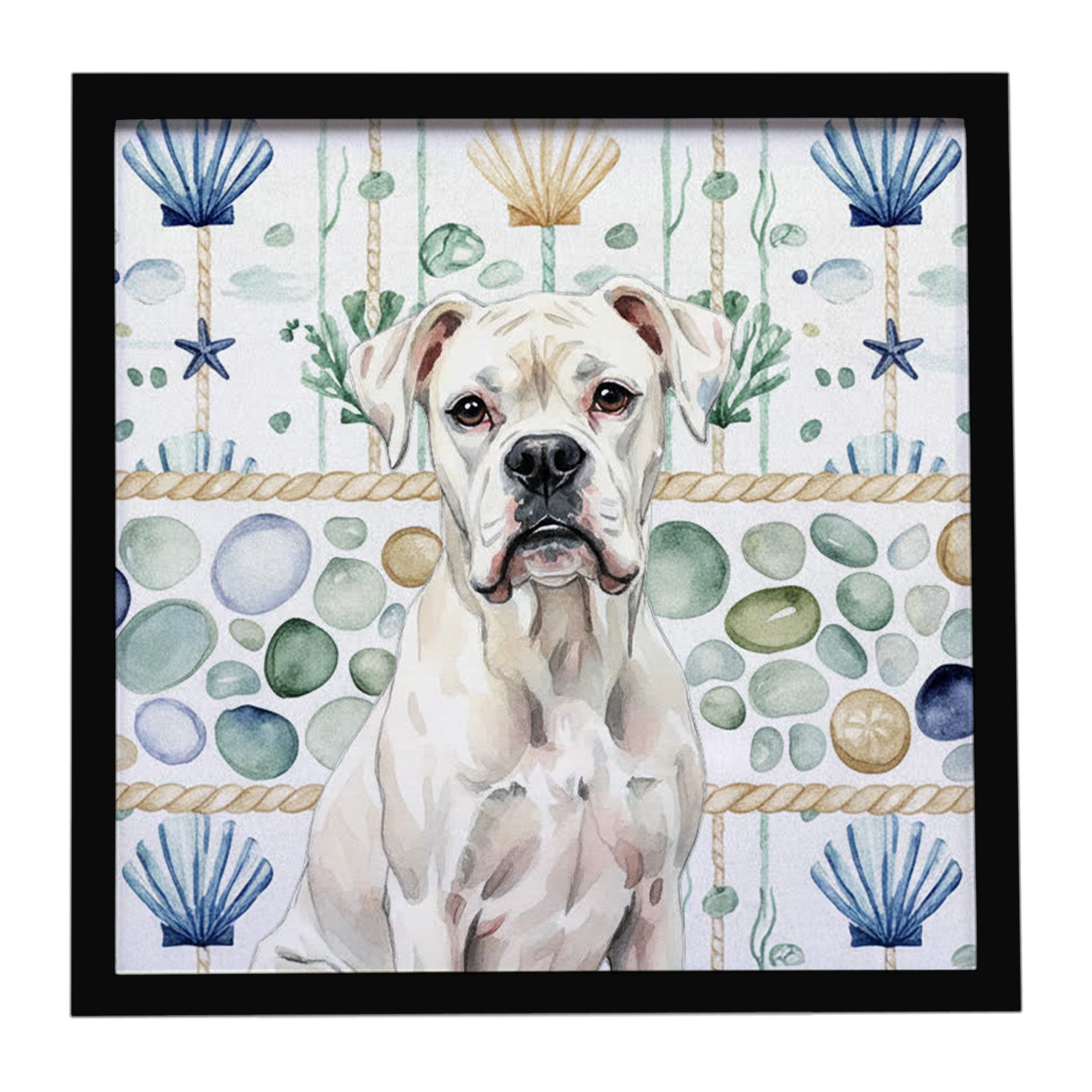 White Boxer Coastal Sea Glass Framed Metal Print Bathroom, Kitchen, Office, Home Decor Wall Art Ready to Hang, Square, 8X8