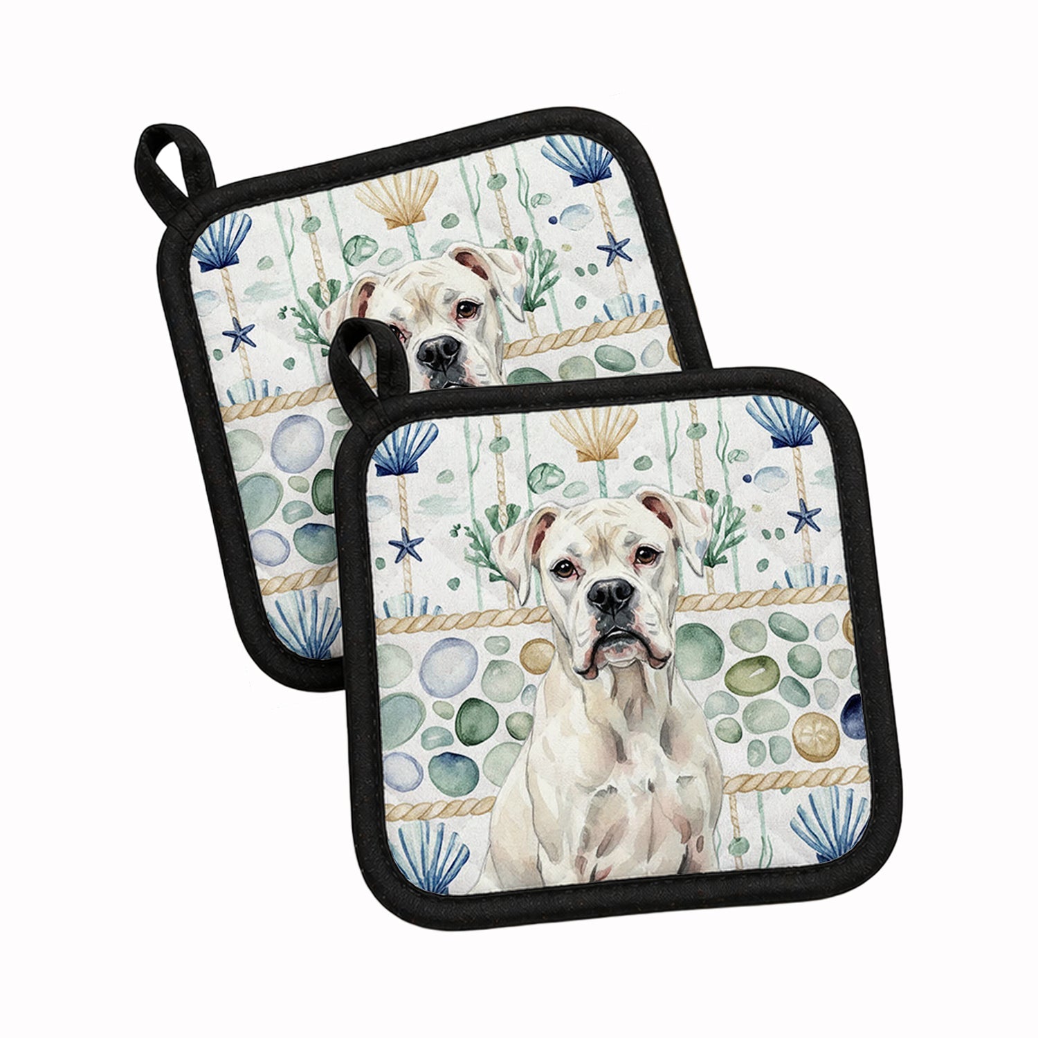 White Boxer Coastal Sea Glass Pot Holder Set of 2 Heat Resistant Quilted Hot Pads 7.5 x 7.5 Inch, Insulated Kitchen Trivets for Cooking & Baking