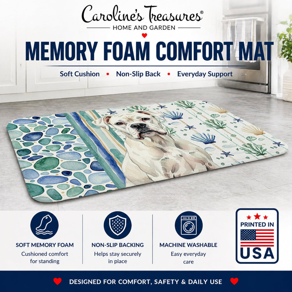 White Boxer Coastal Sea Glass Memory Foam Kitchen Mat Machine Washable Anti-Fatigue Cushion Comfort Bath or Kitchen Rug