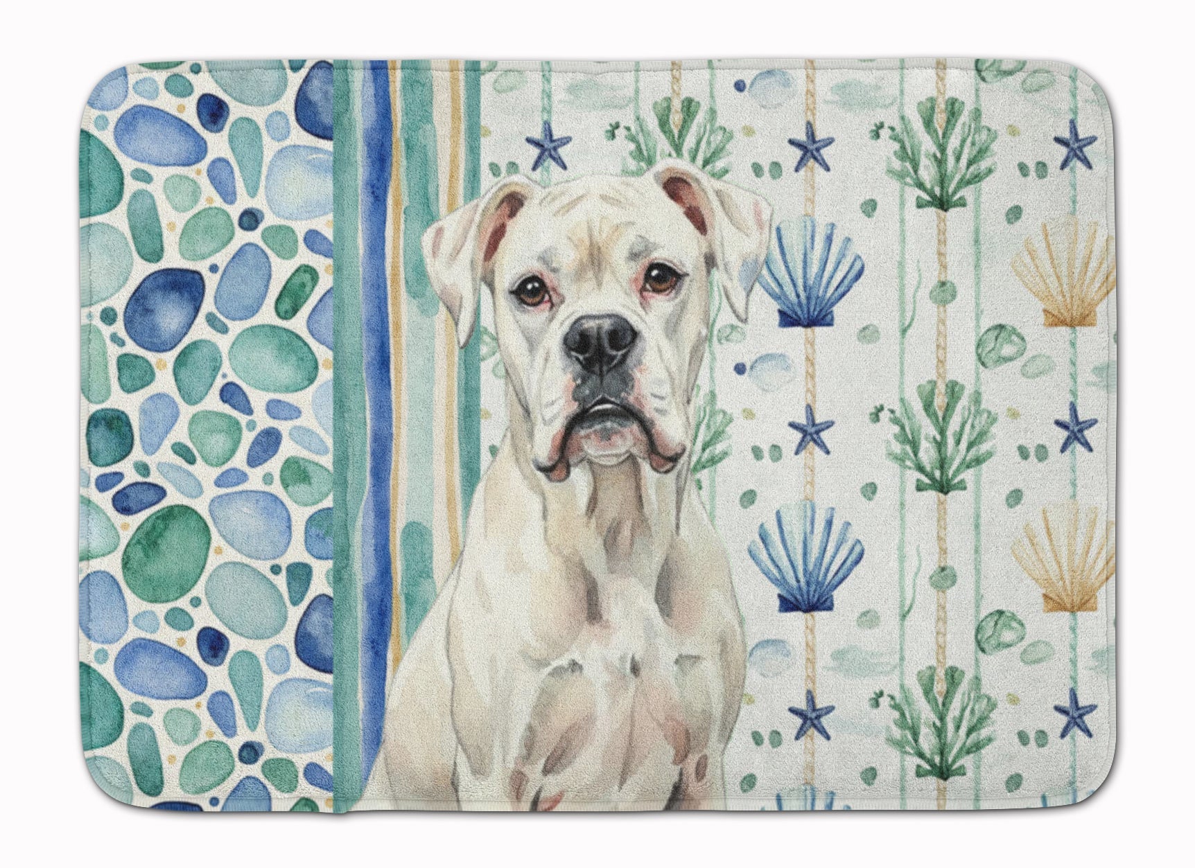 White Boxer Coastal Sea Glass Memory Foam Kitchen Mat Machine Washable Anti-Fatigue Cushion Comfort Bath or Kitchen Rug