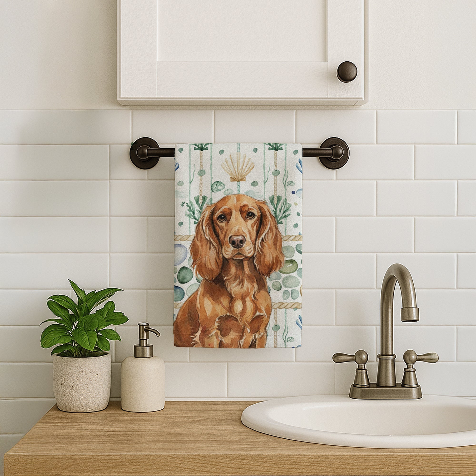 Boykin Spaniel Coastal Sea Glass Kitchen Towel Velour Plush Front and Cotton Loop Back Machine Washable