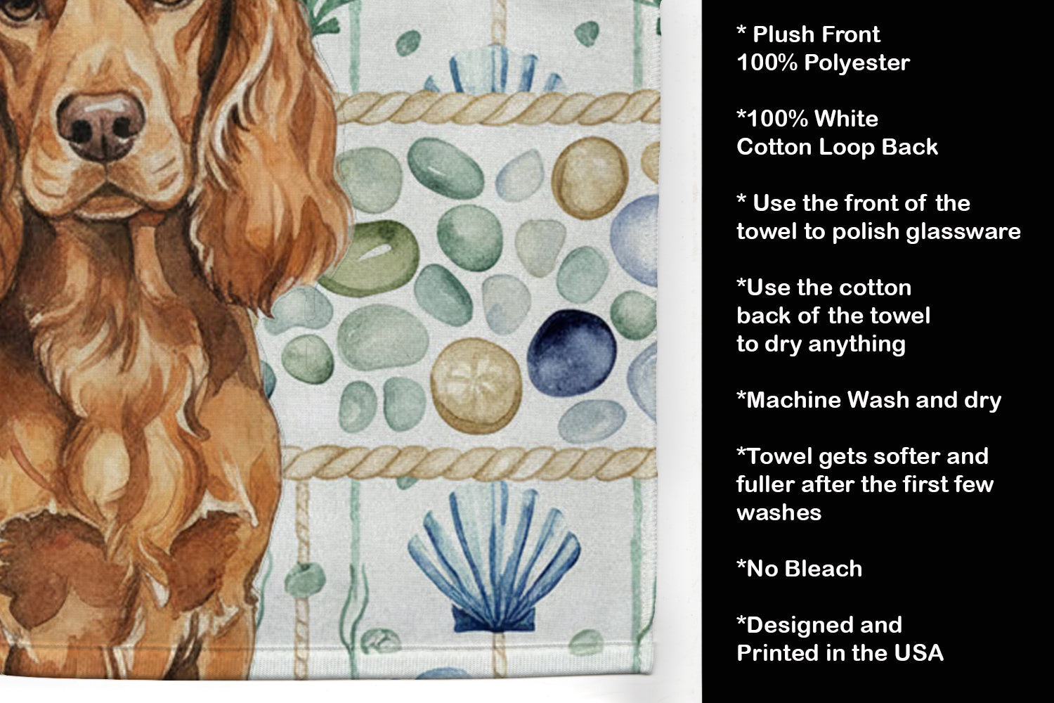 Boykin Spaniel Coastal Sea Glass Kitchen Towel Velour Plush Front and Cotton Loop Back Machine Washable