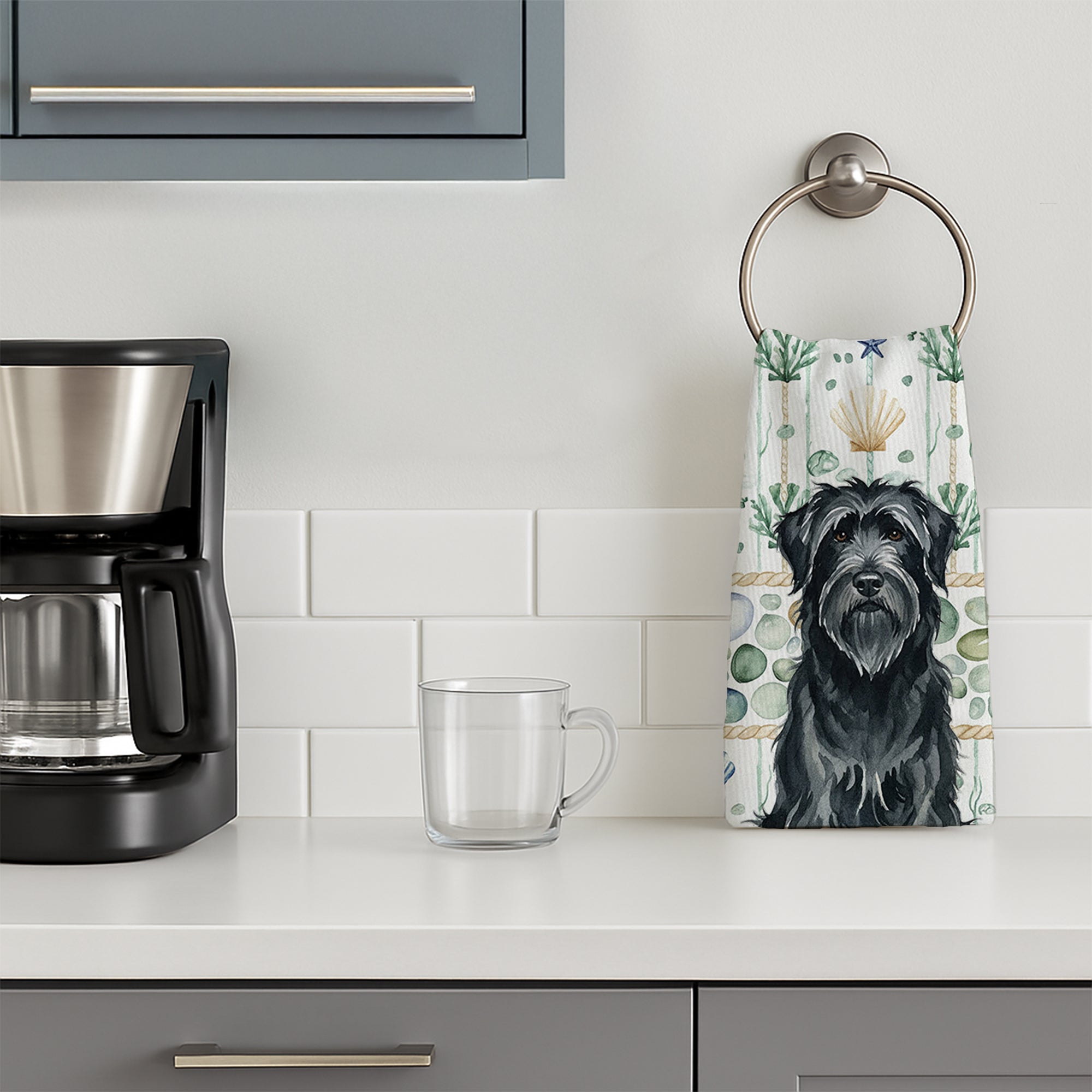 Black Briard Coastal Sea Glass Kitchen Towel Velour Plush Front and Cotton Loop Back Machine Washable
